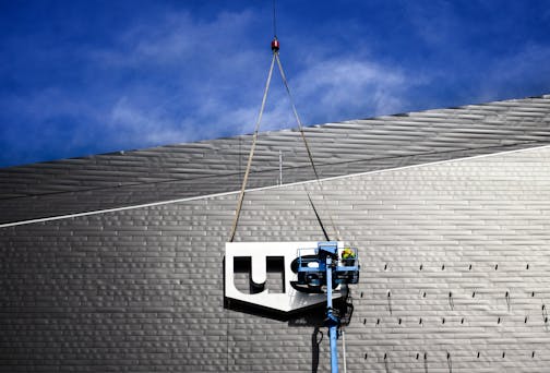 The first of the U.S. Bank Stadium signage went into place on the new Vikings stadium last week. The team and U.S. Bank entered into a naming-rights deal reportedly worth about $200 million.