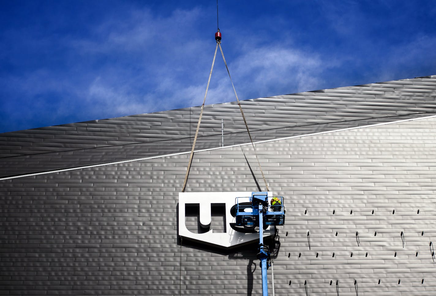 The first of the U.S. Bank Stadium signage went into place on the new Vikings stadium last week. The team and U.S. Bank entered into a naming-rights deal reportedly worth about $200 million.