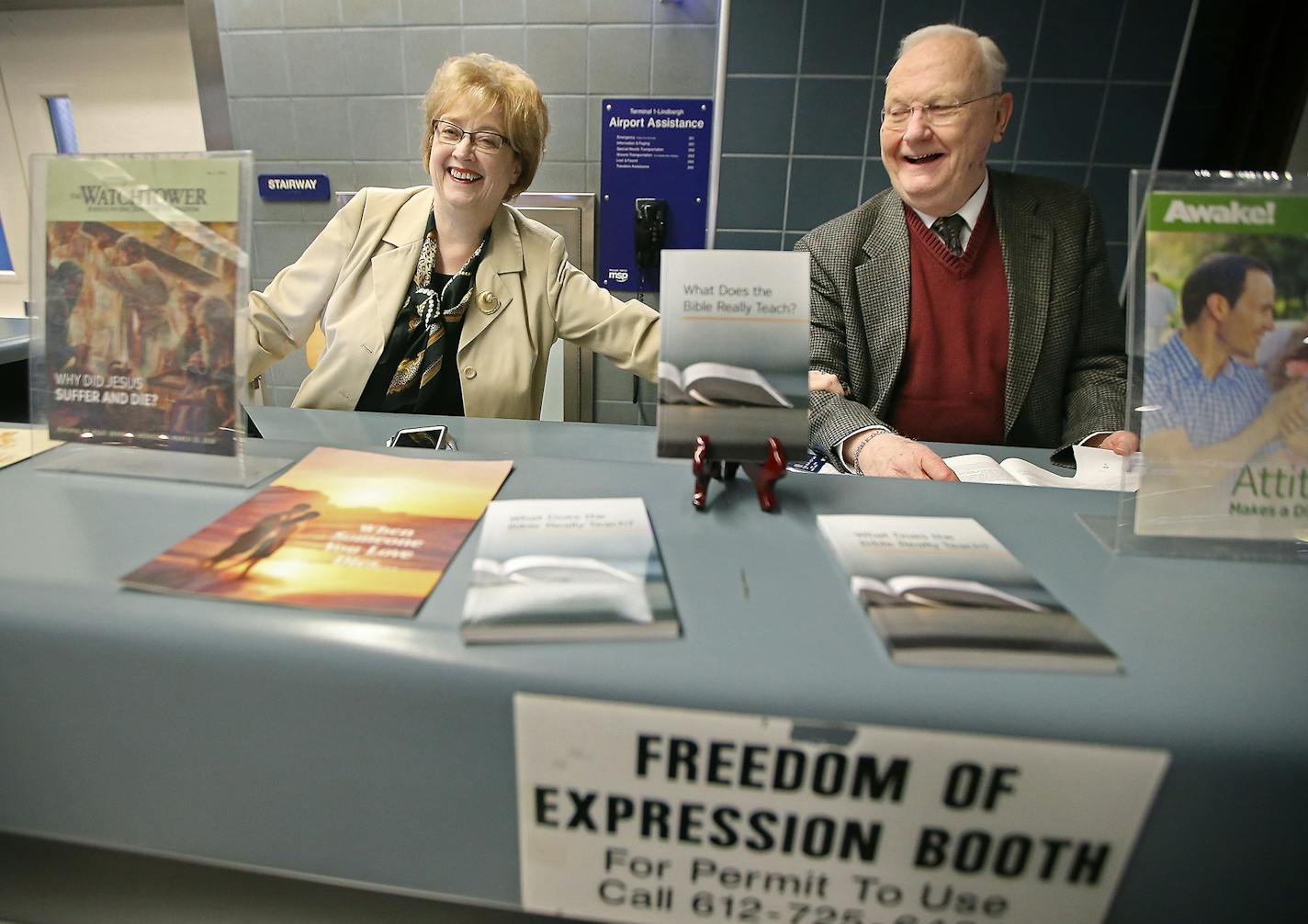 Gil Tornes, 73, and his wife, , spent time together behind a "Freedom of Expression Booth," at the Minneapolis-St. Paul Airport in hopes of spreading the news about the Jehova's Witness religion, Friday, March 14, 2016 in Bloomington, MN.