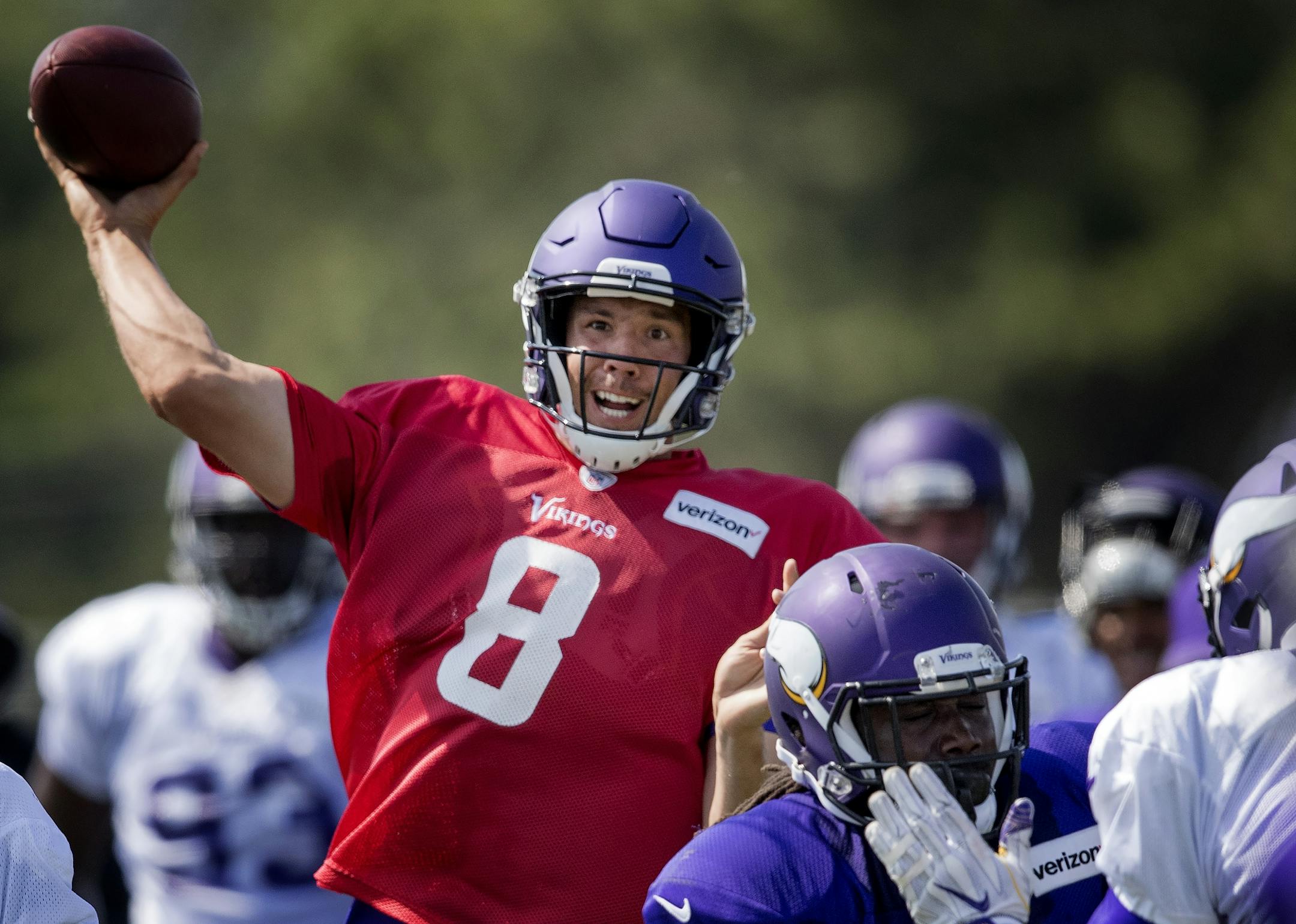 Minnesota Vikings quarterback Sam Bradford (8) attempted a pass during the afternoon practice.