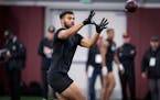 Tight end Brevyn Spann-Ford works out for NFL scouts during Gophers pro day in March.