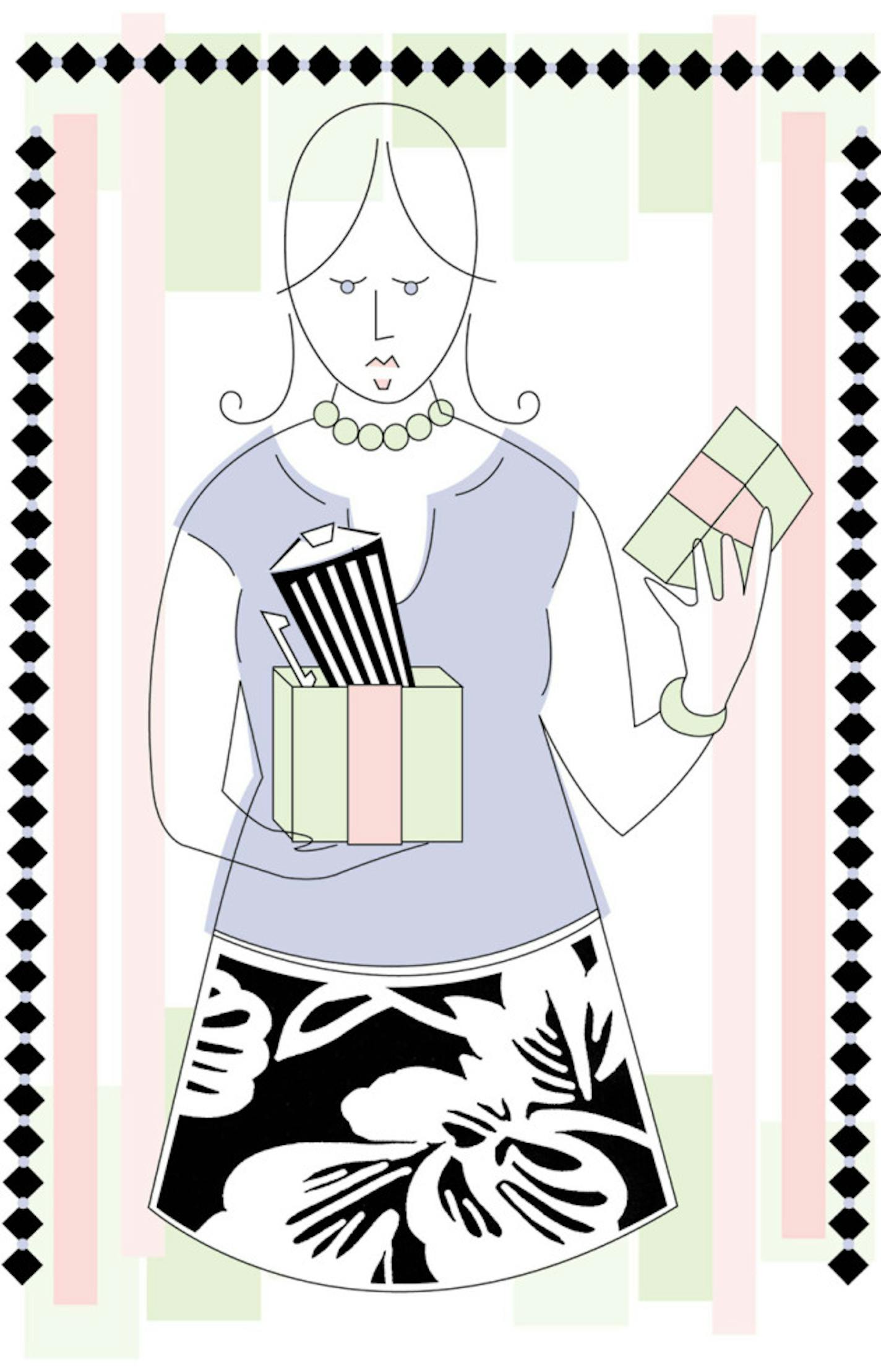 300 dpi 4 col x 12 in / 196x305 mm / 667x1037 pixels Heather Witherspoon color illustration of a woman opening an unwelcomed gift. Fort Worth Star-Telegram 2003