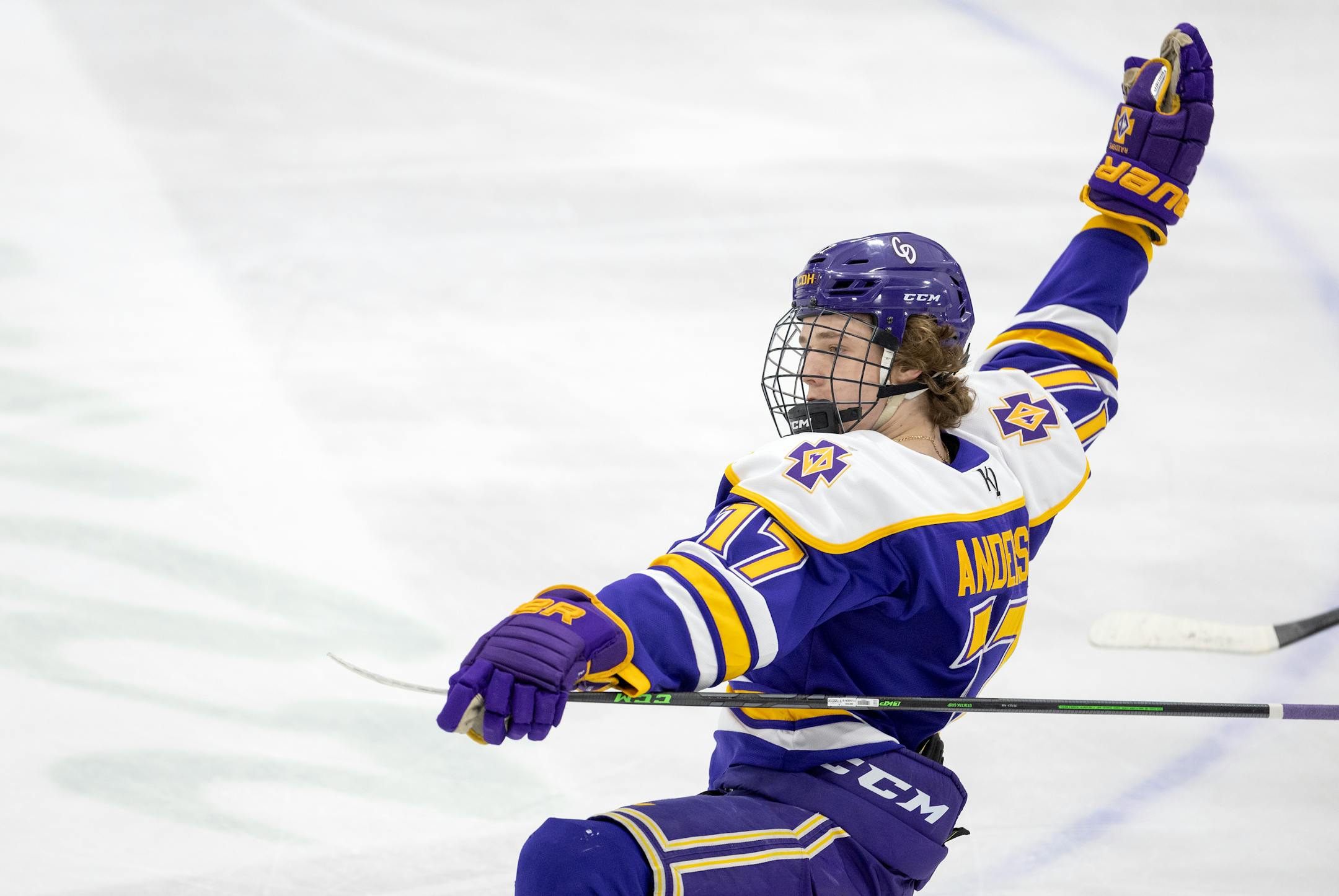 Max Anderson (17) of Cretin-Derham Hall celebrates after a goal in the first period.