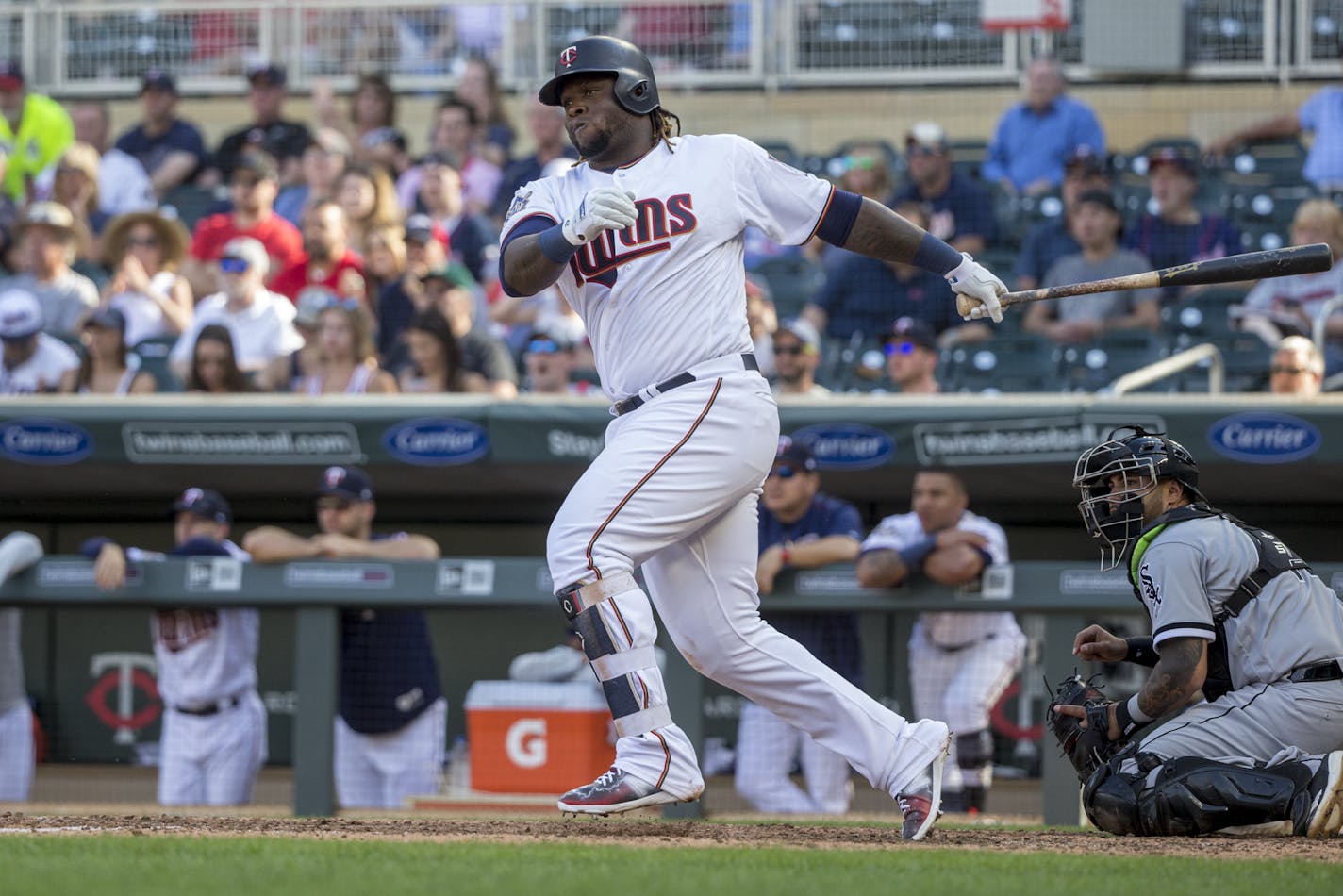 Minnesota Twins Miguel Sano bats against the Chicago White Sox during the first game of a baseball doubleheader Tuesday, June 5, 2018, in Minneapolis. (AP Photo/Bruce Kluckhohn)