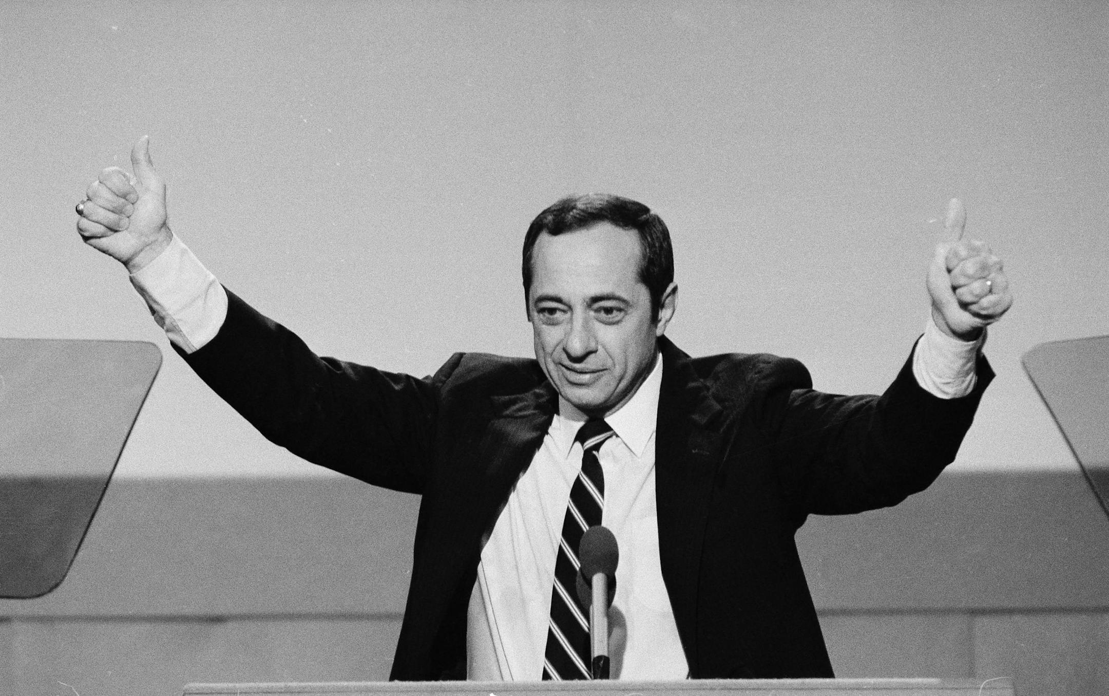 FILE - In this July 17, 1984, file photo, New York Gov. Mario Cuomo gives a thumbs-up gesture with both hands during his keynote address to the opening session of the Democratic National Convention in San Francisco. Cuomo, a three-term governor, died Thursday, Jan. 1, 2015, the day his son Andrew started his second term as governor, the New York governor's office confirmed. He was 82. (AP Photo/File)