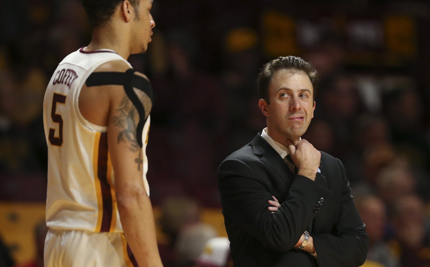 Gophers head coach Richard Pitino stood near guard Amir Coffey as he headed to the bench late in the Minnesota loss. ] JEFF WHEELER &#xef; jeff.wheeler@startribune.com The beleaguered University of Minnesota men's basketball team fell to the Northwestern Wildcats 77-69 in a Big 10 conference game Tuesday night, January 23, 2018 at Williams Arena in Minneapolis.