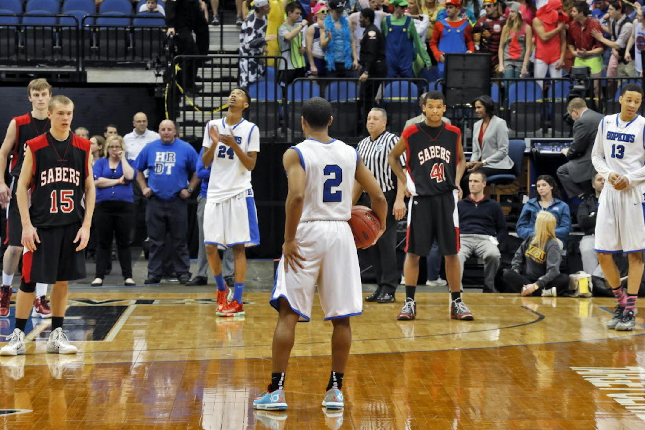 Hopkins Kamali Chambers (2) held the ball when the score was tied for most of four overtimes during a 2014 state tournament game against Shakopee.