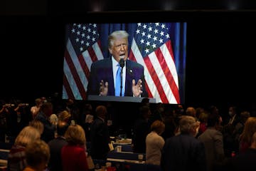 A screen displayed President Donald Trump as he spoke during the first day of the Republican National Committee convention, Monday, Aug. 24, 2020, in 