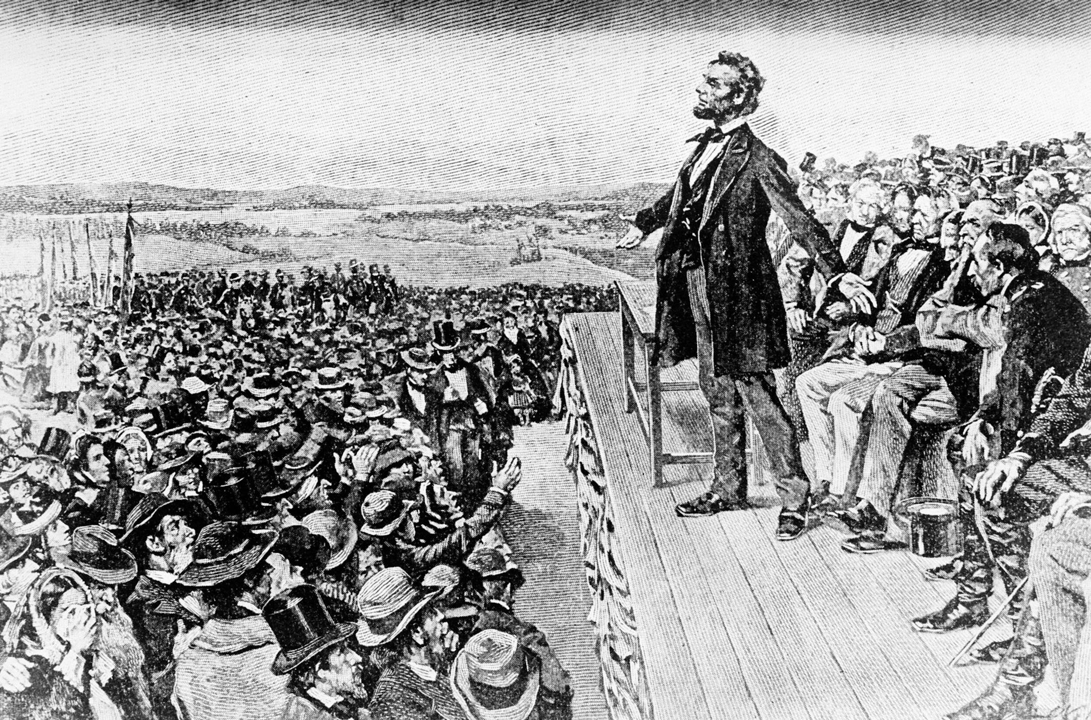 This undated illustration depicts President Abraham Lincoln making his Gettysburg Address at the dedication of the Gettysburg National Cemetery on the battlefield at Gettysburg, Pa., Nov. 19, 1863. The cemetery commemorates soldiers who died in the American Civil War Battle of Gettysburg in July. (AP Photo) ORG XMIT: APHS146