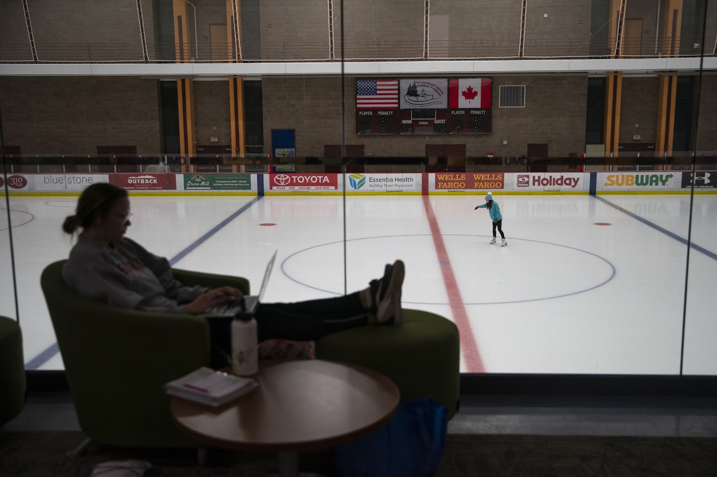 Carli Christensen worked on classwork in a small study lounge overlooking the newly renovated University of Minnesota ice rink on Monday. ]
ALEX KORMANN &#x2022; alex.kormann@startribune.com Two years ago, mold was discovered at the UMD ice rink used by students and club sports - that was just the start of the problems that needed fixing. $3.6 million later, the upgraded rink has reopened and will have a grand opening ceremony on Thursday.