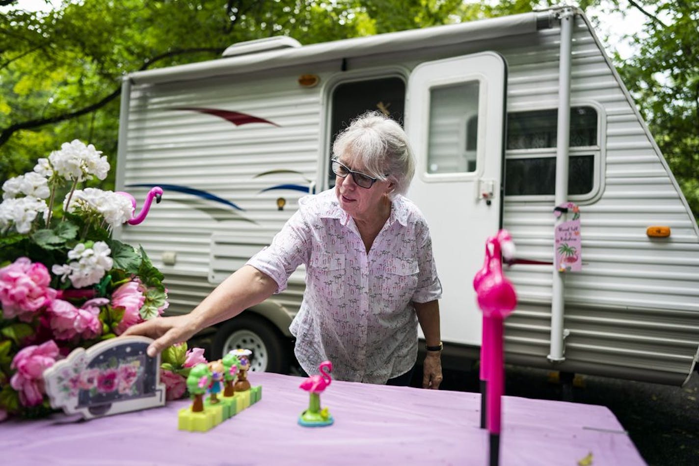 Lyte Heart member Sharon Hagen decorates her campsite with flamingoes, flowers and other decor.