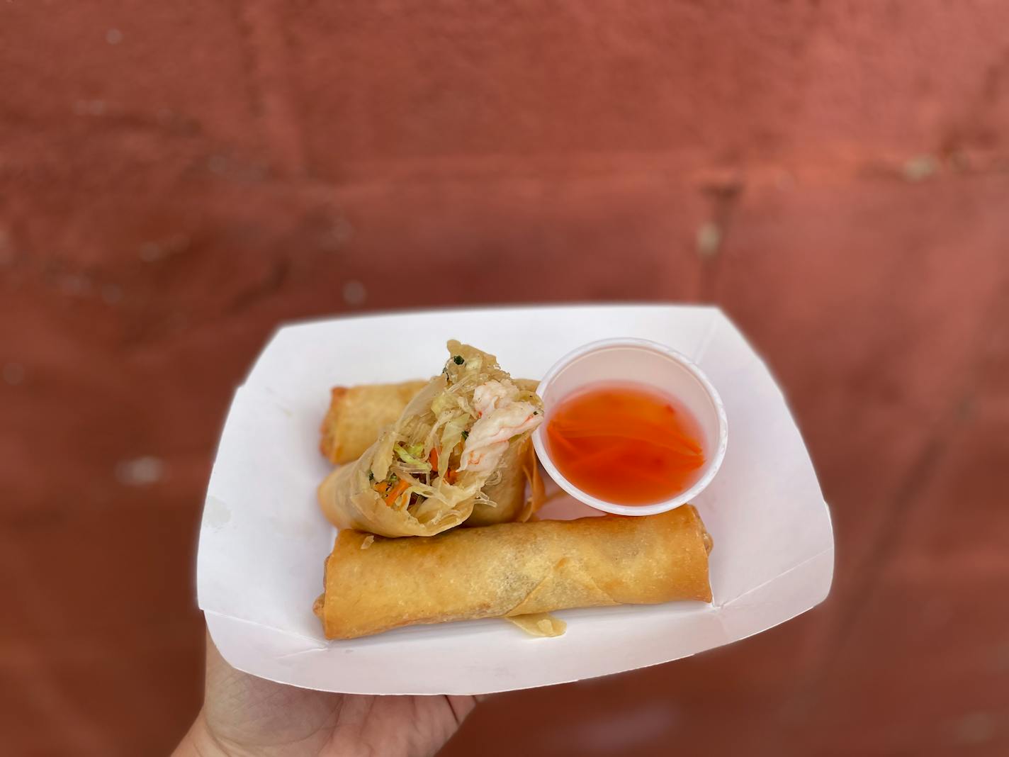 A paper boat holds three eggrolls, with one split in half to show the bean thread noodles, carrots, cabbage and shrimp inside. There's also a small container of bright red sauce with strips of carrot in it.