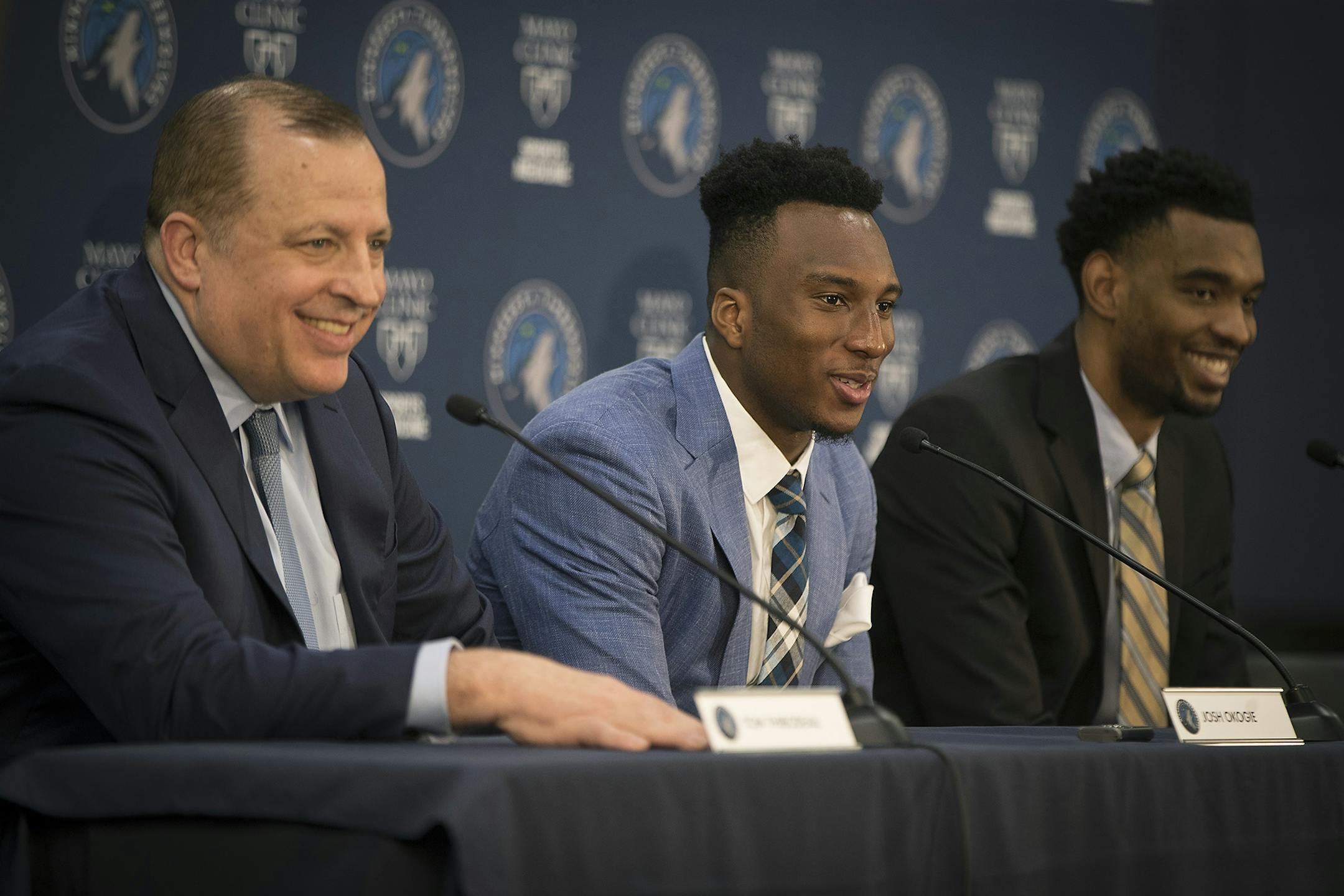 The Minnesota Timberwolves including Head Coach Tom Thibodeau, left, and the 2018 Draft Picks Josh Okogie left, and Keita Bates-Diop addressed the media during a press conference, Tuesday, June 26, 2018 at the Mayo Clinic Square in Minneapolis, MN.