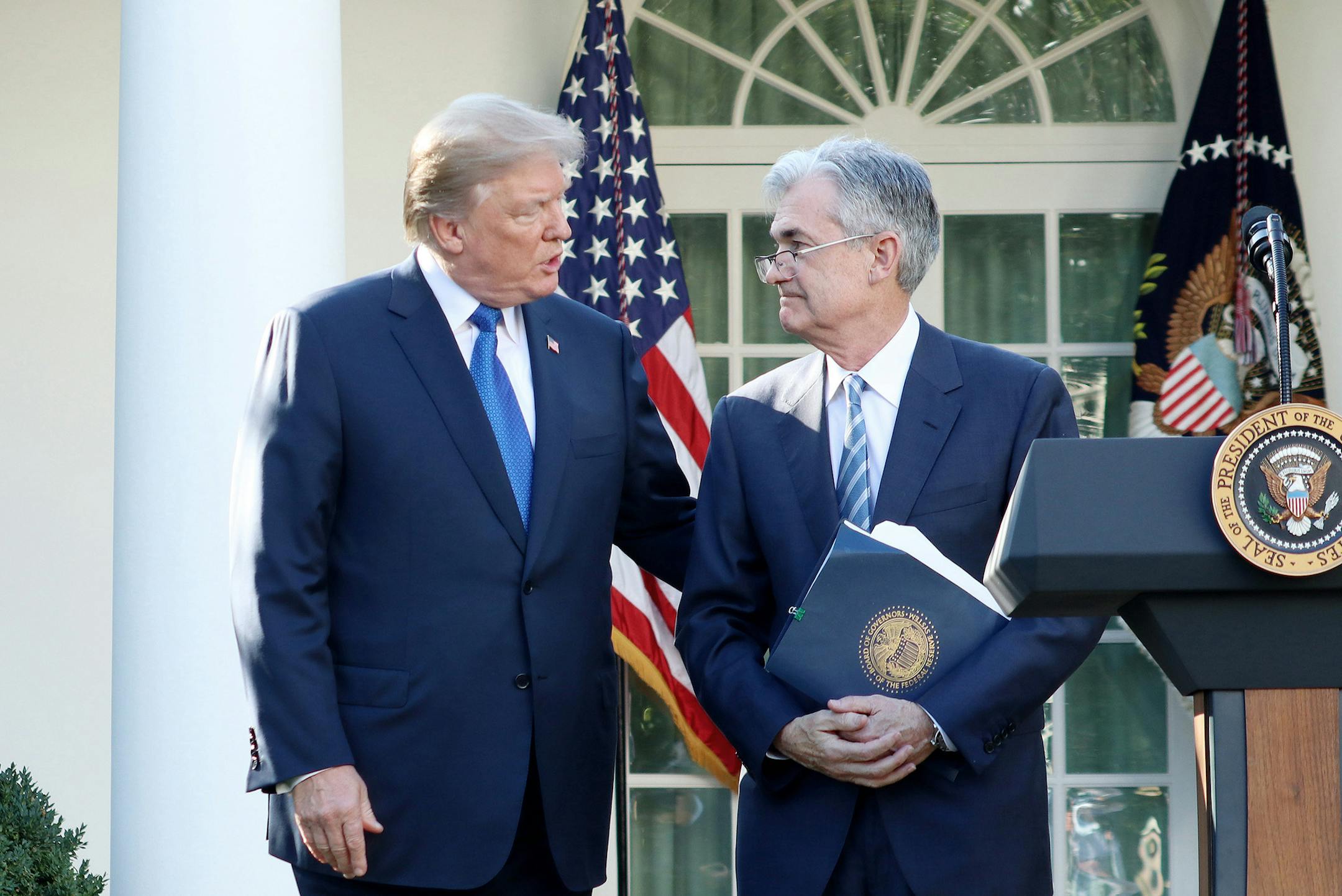 U.S. President Donald Trump, left, speaks as he announces his nominee for the chairman of the Federal Reserve, Jerome Powell, on Thursday, Nov. 2, 2017 during a press event in the Rose Garden at the White House in Washington, D.C. Current Federal Reserve Chair Janet Yellen's term expires in February. (William Moon/Abaca Press/TNS) ORG XMIT: 1215027
