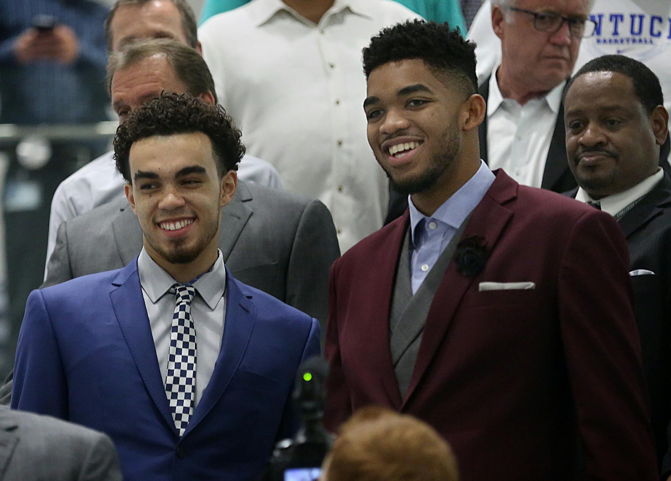Timberwolves draftees Tyus Jones (left) and Karl-Anthony Towns arrived at the press conference . ] JIM GEHRZ ï james.gehrz@startribune.com / Minneapolis, MN / June 26, 2015 / 11:00 AM ñ BACKGROUND INFORMATION: The Timberwolves will have a news conference to introduce draftees Karl-Anthony Towns and Tyus Jones at the Mayo Clinic Square atrium across from Target Center. Before the press conference, the two players will walk through the skyway.