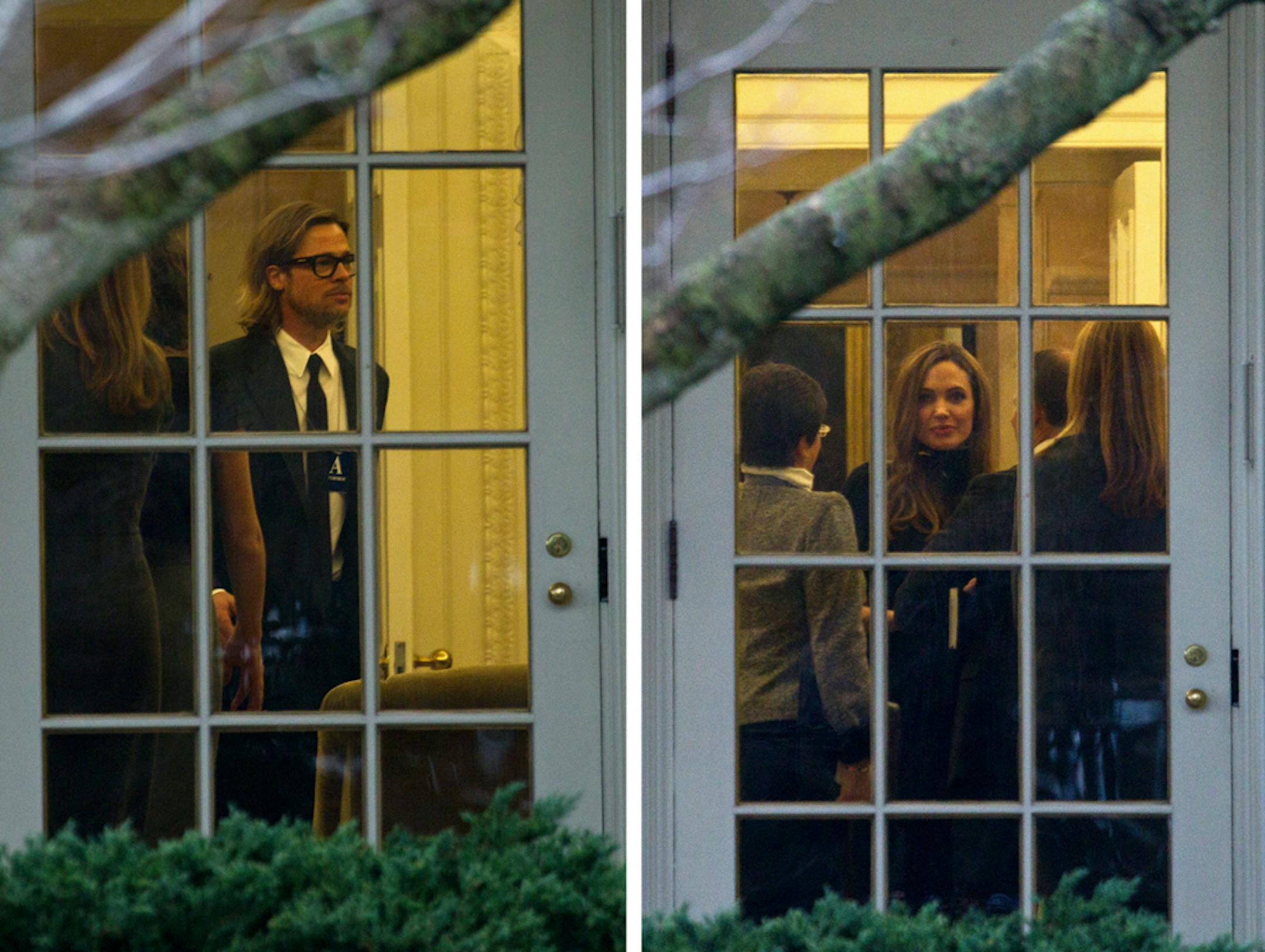 In a combination photo, Brad Pitt and Angelina Jolie during a meeting with President Barack Obama in the Oval Office at the White House in Washington, on Jan. 11, 2012. Pitt and Angelina Jolie met with Obama before he left for campaign events in Chicago.
