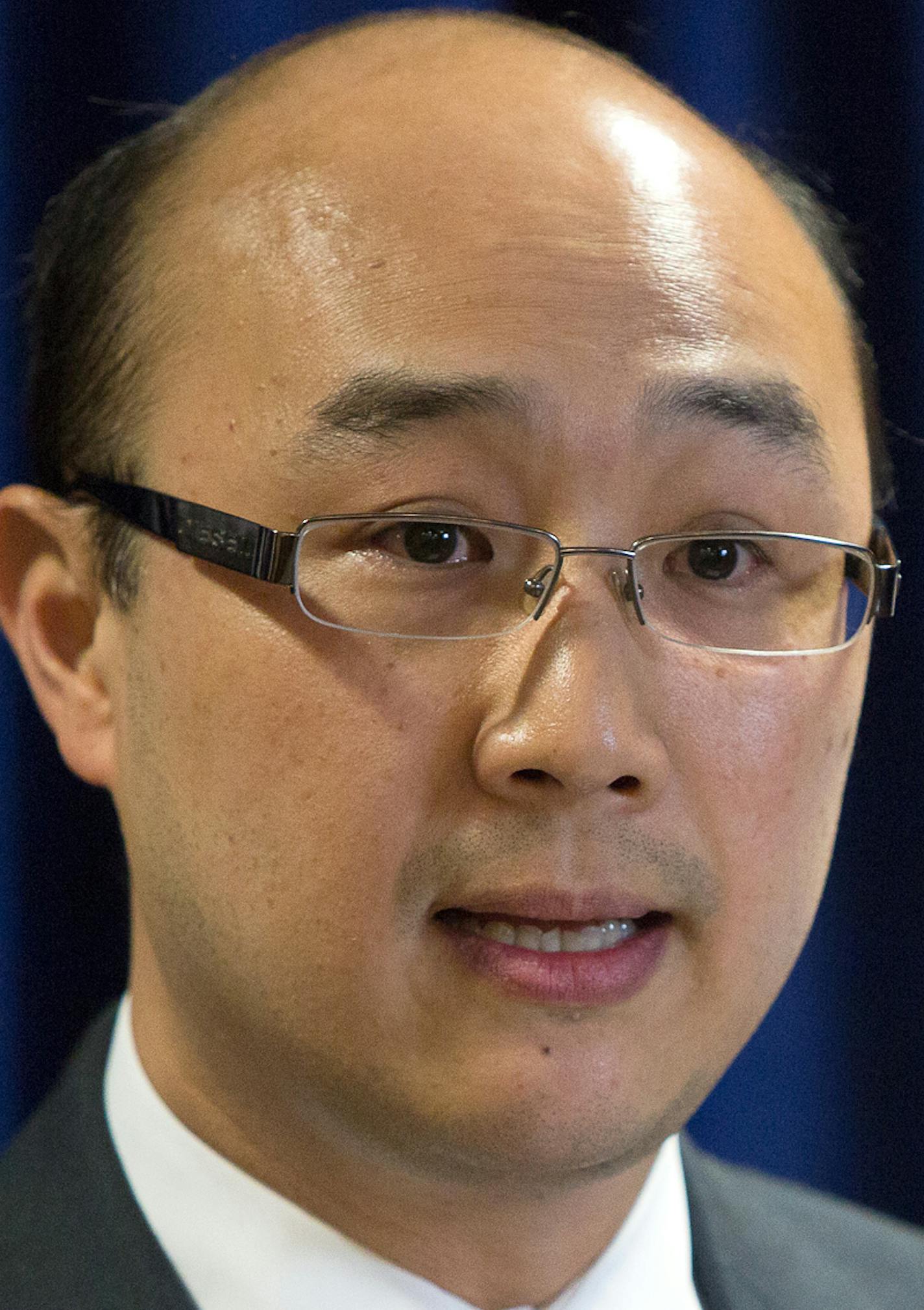 Ramsey County Attorney John Choi announces criminal charges against the Archdiocese of Saint Paul and Minneapolis during a news conference on Friday, June 5, 2015 in St. Paul. Prosecutors charged the archdiocese as a corporation with six gross misdemeanor counts alleging that it failed to protect children. No individual church leaders were charged. (Jennifer Simonson/Minnesota Public Radio via AP)