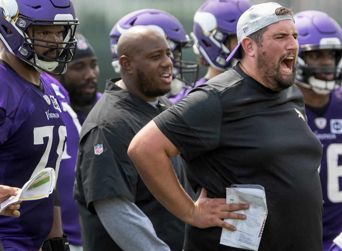 Minnesota Vikings offensive line coach Phil Rauscher during Wednesday's practice.