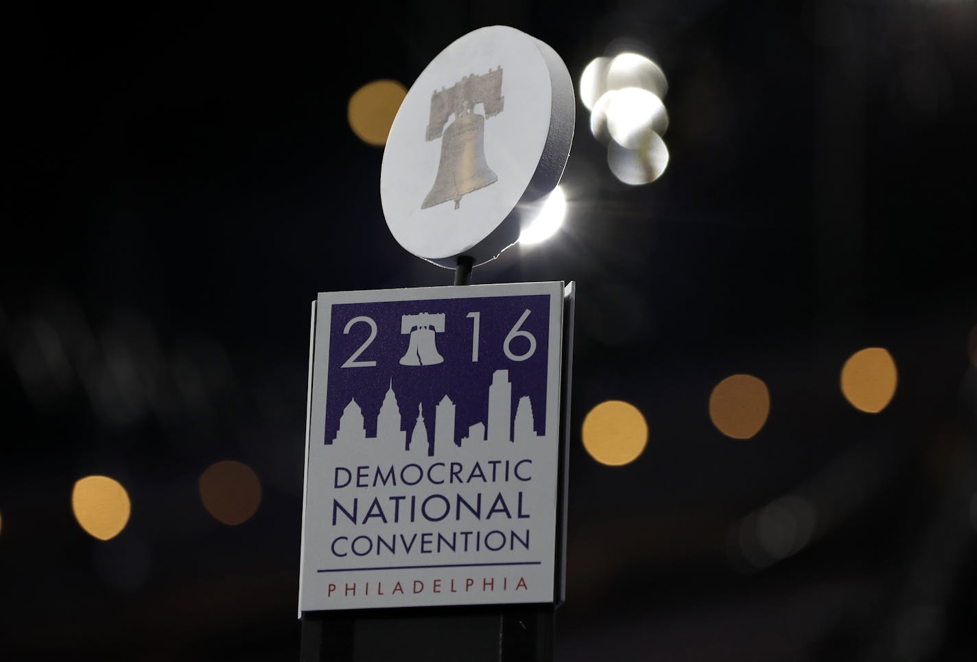 A sign atop a post to mark a delegation area is seen in the convention hall before the start of the 2016 Democratic Convention in Philadelphia, Saturday, July 23, 2016. (AP Photo/Carolyn Kaster)