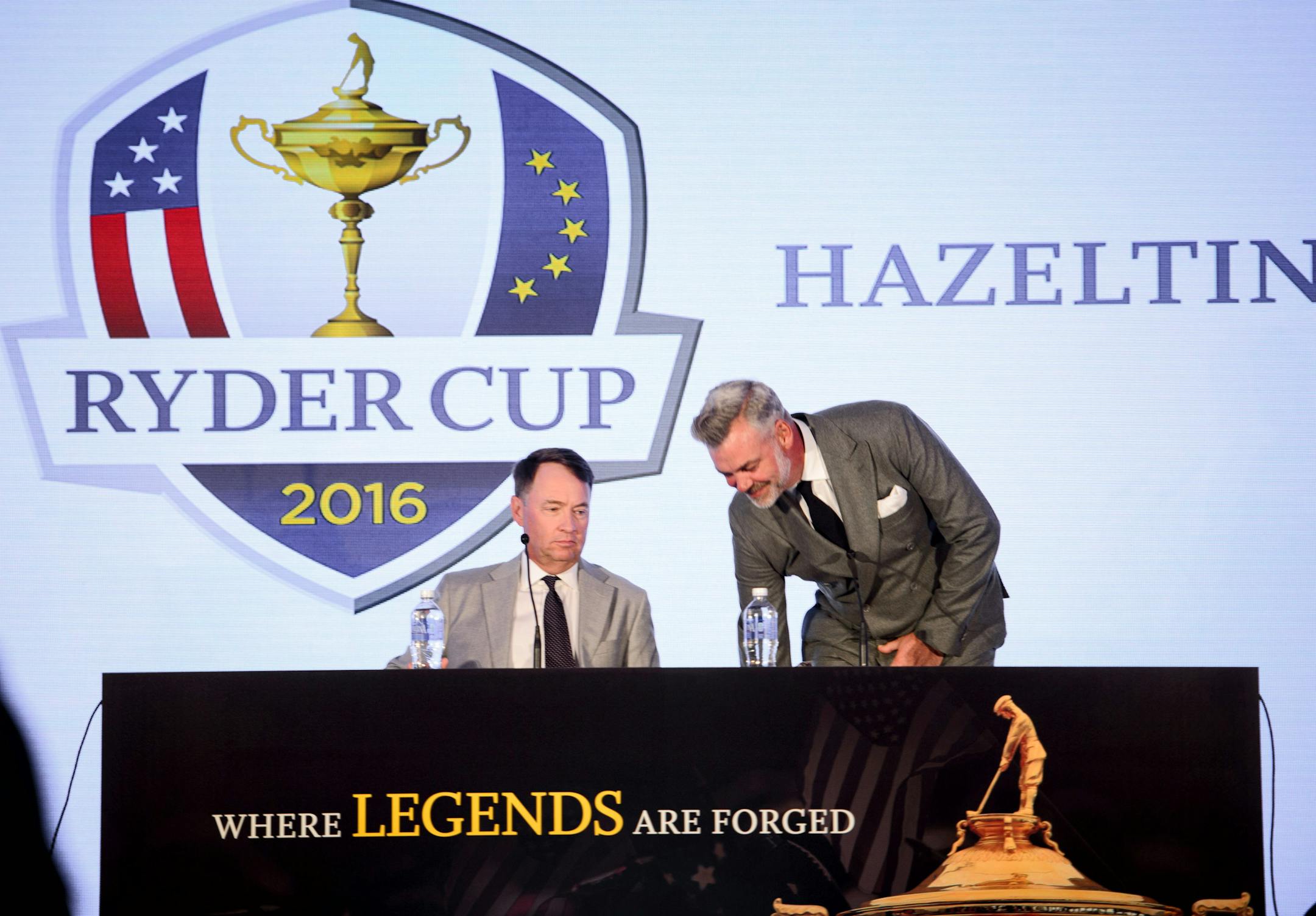 Ryder Cup captains Davis Love III and Darren Clarke spoke at a news conference on Tuesday at Hazeltine National Golf Club.