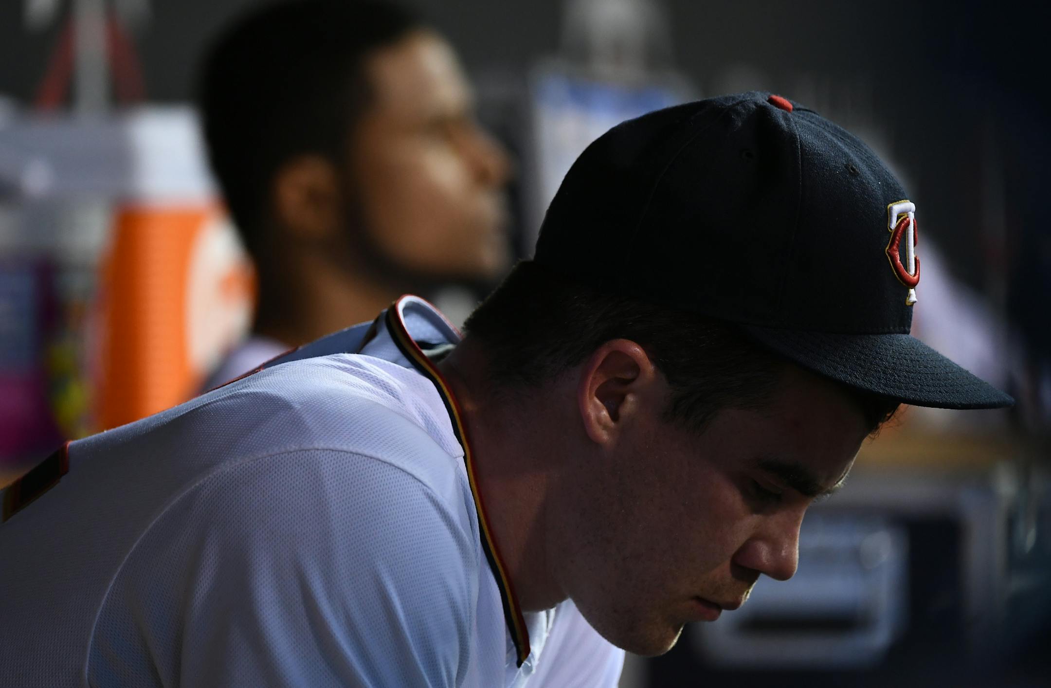 Minnesota Twins relief pitcher Trevor May (65) was dejected after being pulled from the mound after allowing four runs in the top of the 7th inning. ] (AARON LAVINSKY/STAR TRIBUNE) aaron.lavinsky@startribune.com The Minnesota Twins play the Miami Marlins on Thursday, June 9, 2016 at Target Field in Minneapolis, Minn.
