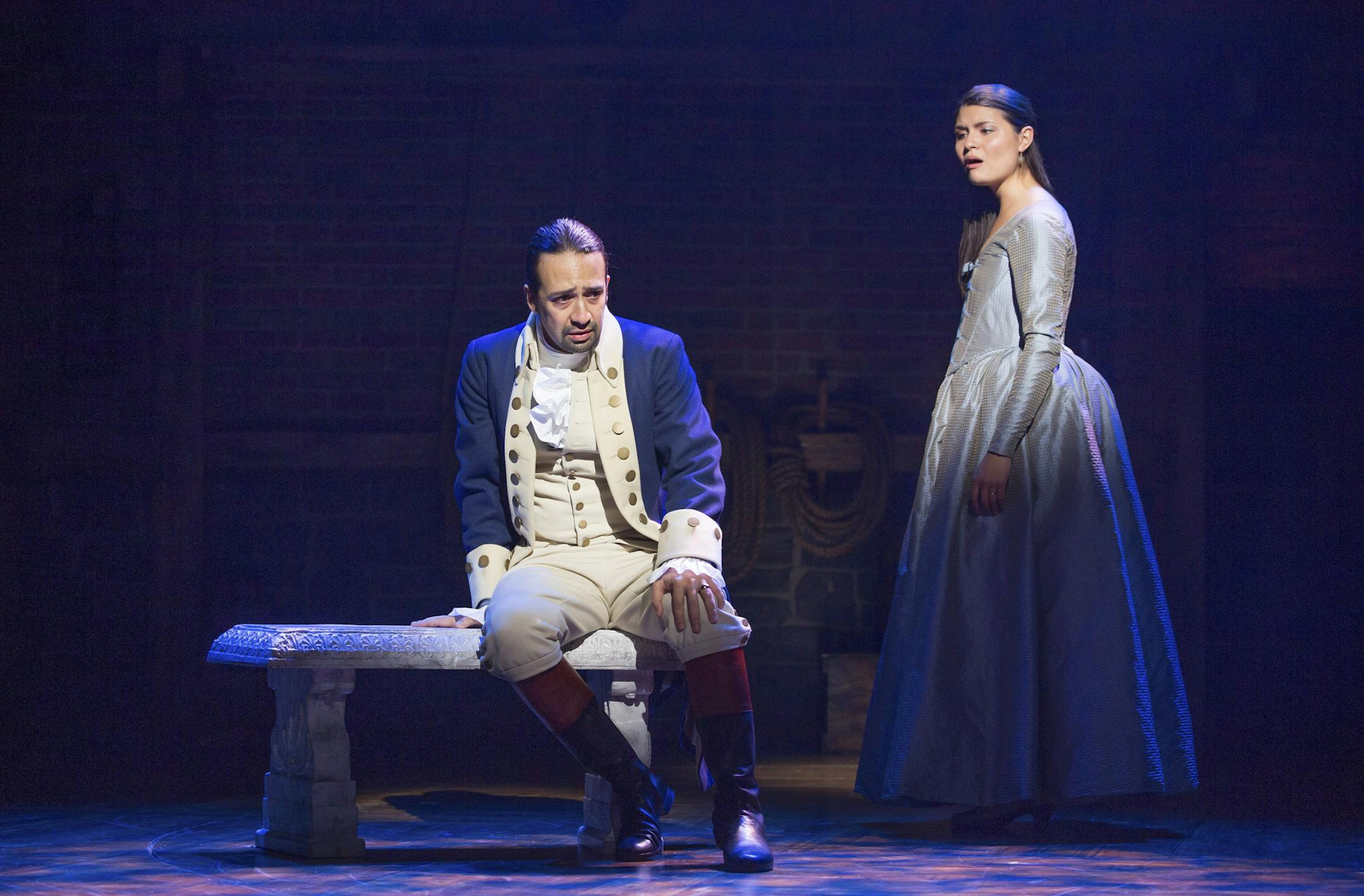 -- PHOTO MOVED IN ADVANCE AND NOT FOR USE - ONLINE OR IN PRINT - BEFORE AUG. 30, 2015. -- Lin-Manuel Miranda, left, and Phillipa Soo in the musical ìHamiltonî at the Richard Rodgers Theater in New York, July 11, 2015. In the hit Broadway musical ìHamilton,î Miranda tells the story of Alexander Hamilton, once the most overlooked founding father, by seamlessly weaving hip-hop into a musical theater framework. (Sara Krulwich/The New York Times) ORG XMIT: XNYT55