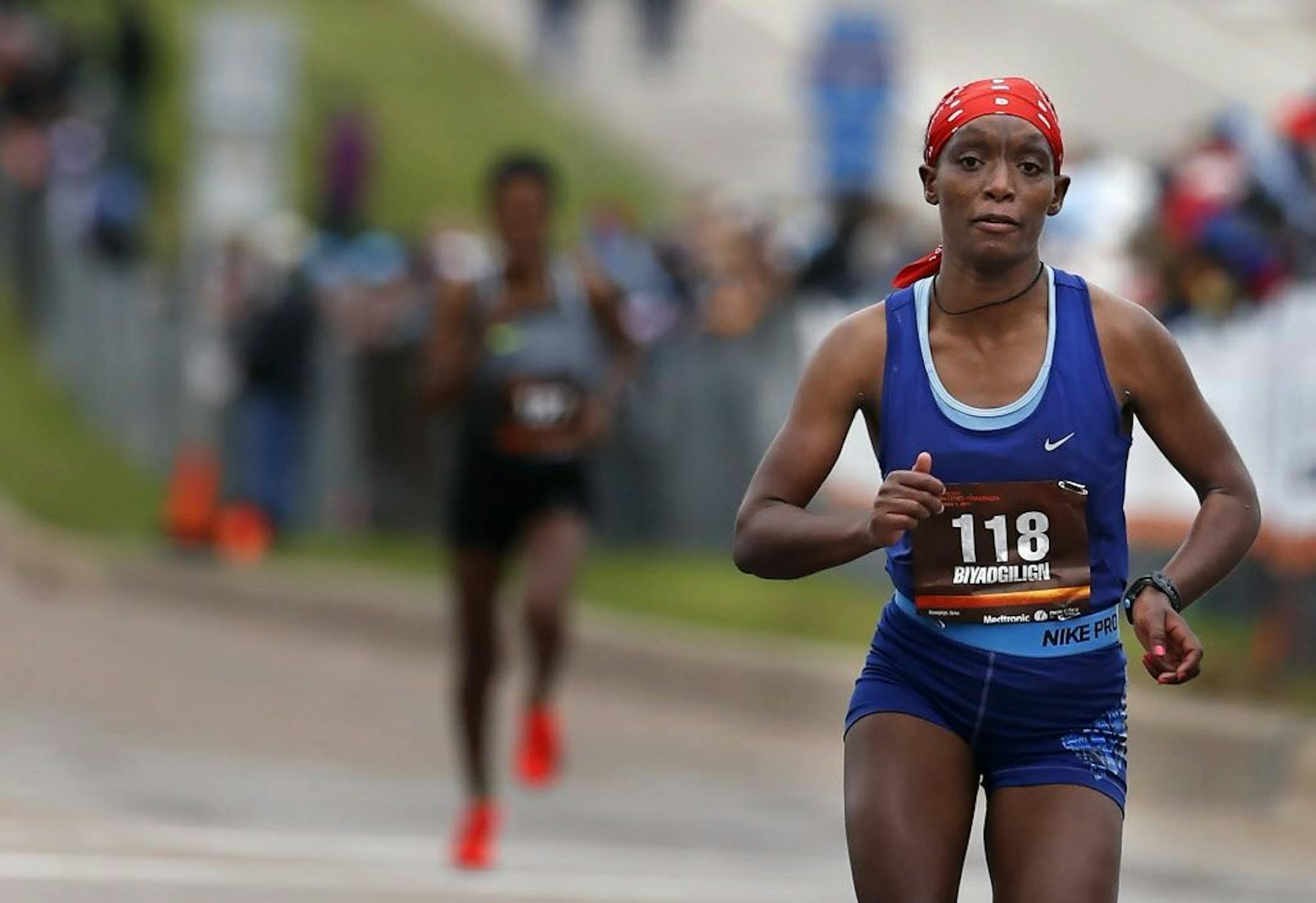 Sinke Biyadgilgn, of Ethiopia, finished first for the women in the Twin Cities Marathon with a time of 2:33:04.