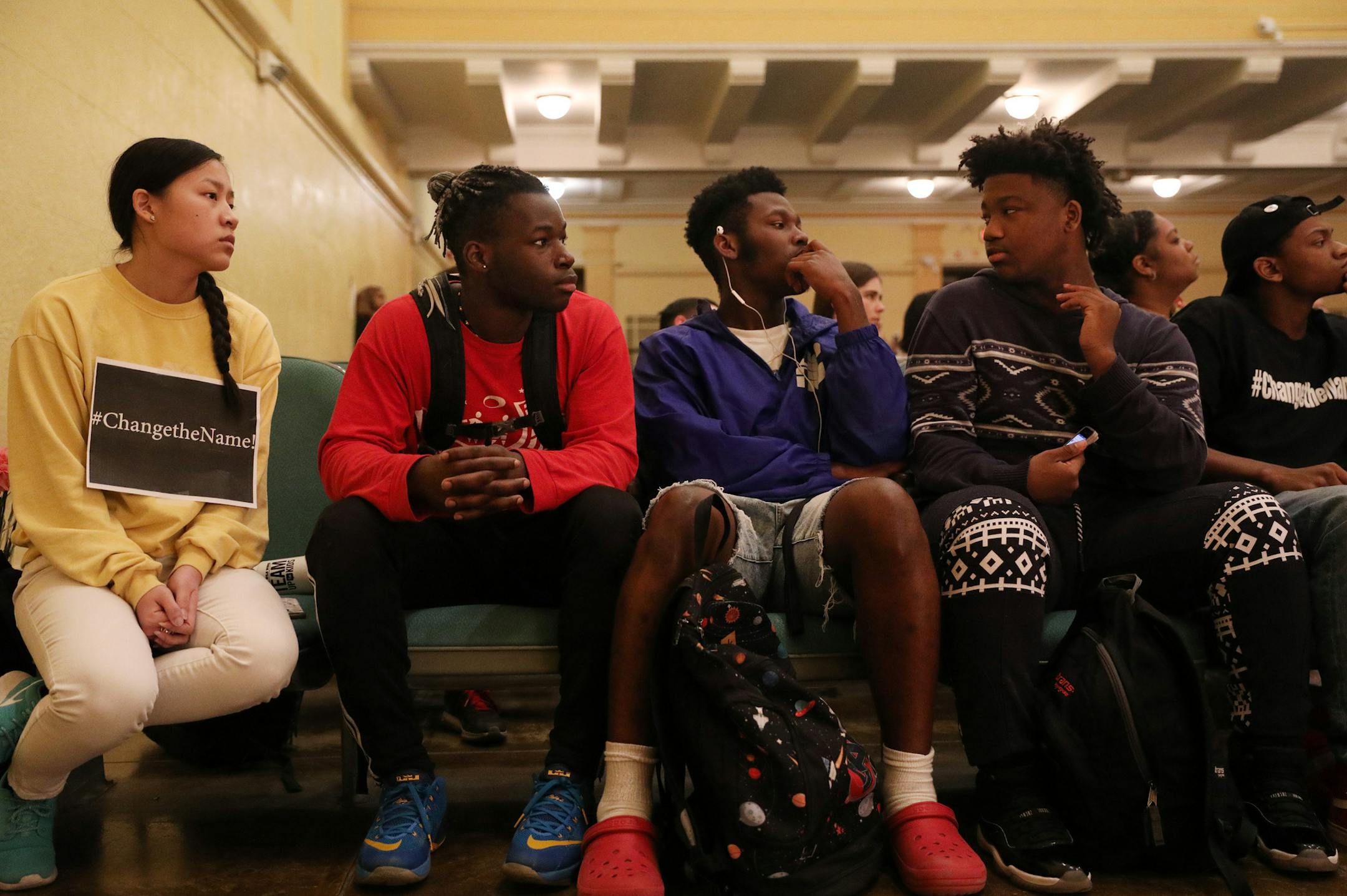 Patrick Henry High School seniors, from left, Christina Vang, Xavier Goodman, Maurice Hughes, and Chris Sparkman, all in favor of changing the high school's name, listened during the site council meeting Thursday. ] ANTHONY SOUFFLE ï anthony.souffle@startribune.com The Patrick Henry High School site council discussed the proposed idea of renaming the school Thursday, April 26, 2018 in north Minneapolis. A group of students and teachers want to replace the name of the prominent founding fath