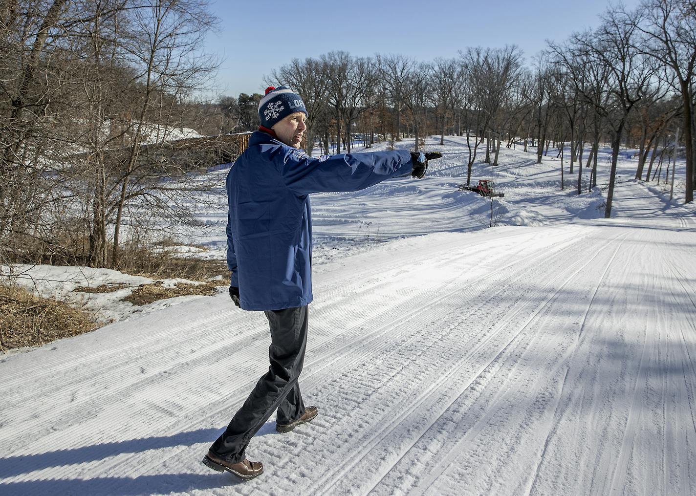 Loppet executive director John Munger showed the man-made snow on the course for the upcoming Work Cup cross-county ski race at Theodore Wirth Park, Friday, February 28, 2020 in Minneapolis, MN. The Loppet Foundation has been making and stockpiling snow since December for the World Cup cross-country ski race. ] ELIZABETH FLORES • liz.flores@startribune.com