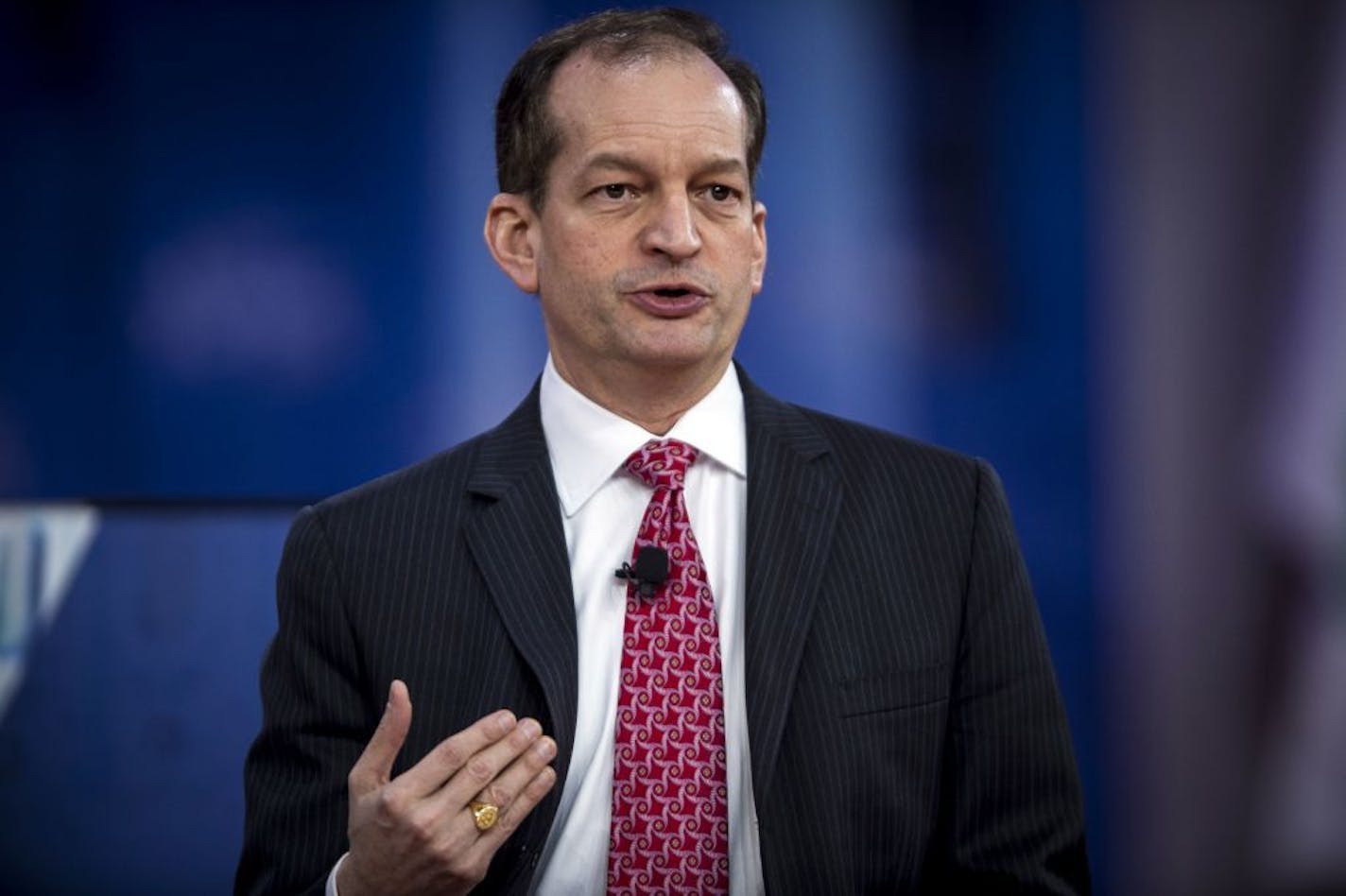 FILE -- Labor Secretary Alex Acosta speaks at the Conservative Political Action conference in National Harbor, Md., on Feb. 22, 2018. Acosta was a federal prosecutor in Miami in 2008 when financier Jeffrey Epstein cut a secret deal to avoid federal prosecution after allegations he molested dozens of teenage girls.