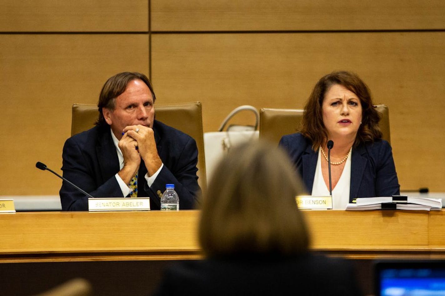 Sen. Michelle Benson asks DHS acting commissioner Pam Wheelock about the resignation of the former DHS commissioner during a Senate hearing about recent events in the Minnesota Department of Human Services at the Minnesota Senate Building Tuesday, August 13, 2019.