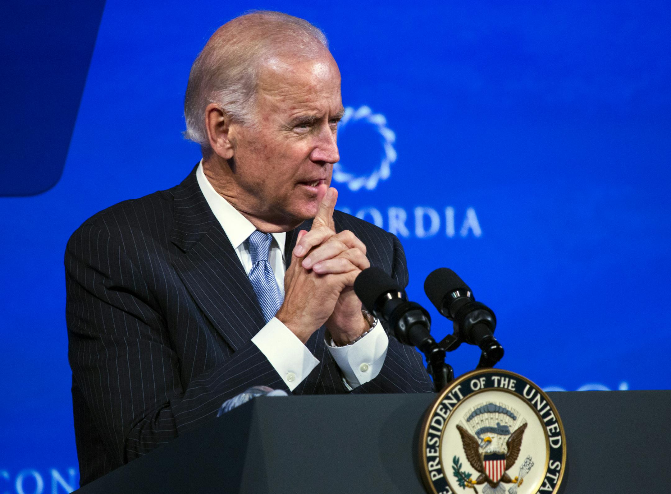 Vice President Joe Biden briefly comments on a deadly shooting at Umpqua Community College, in Roseburg, Ore., while speaking at the 5th annual Concordia Summit Thursday, Oct. 1, 2015, in New York.