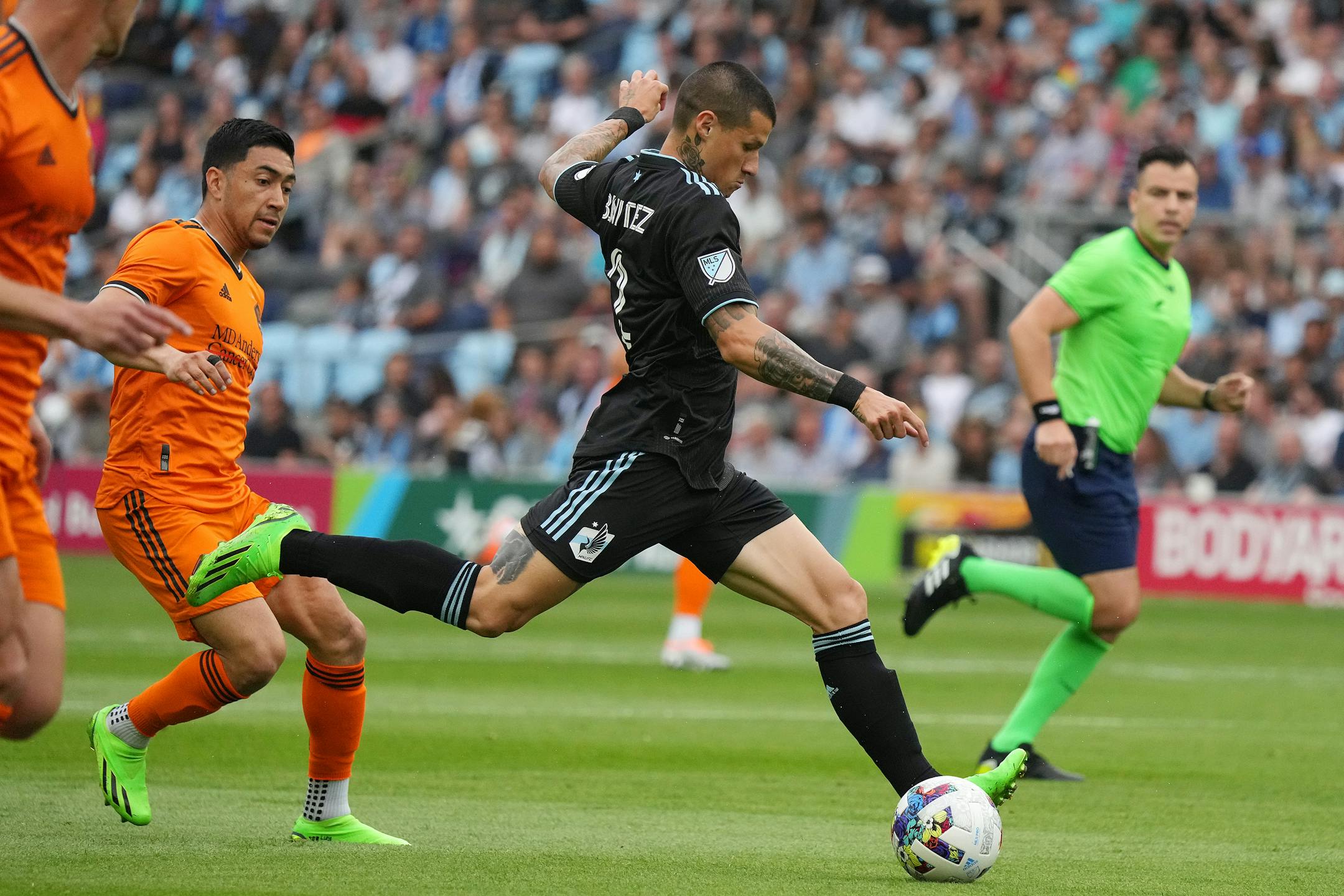 Minnesota United defender Alan Benítez (2) sends the ball up field in the first half of an MLS game between Minnesota United and the Houston Dynamo.