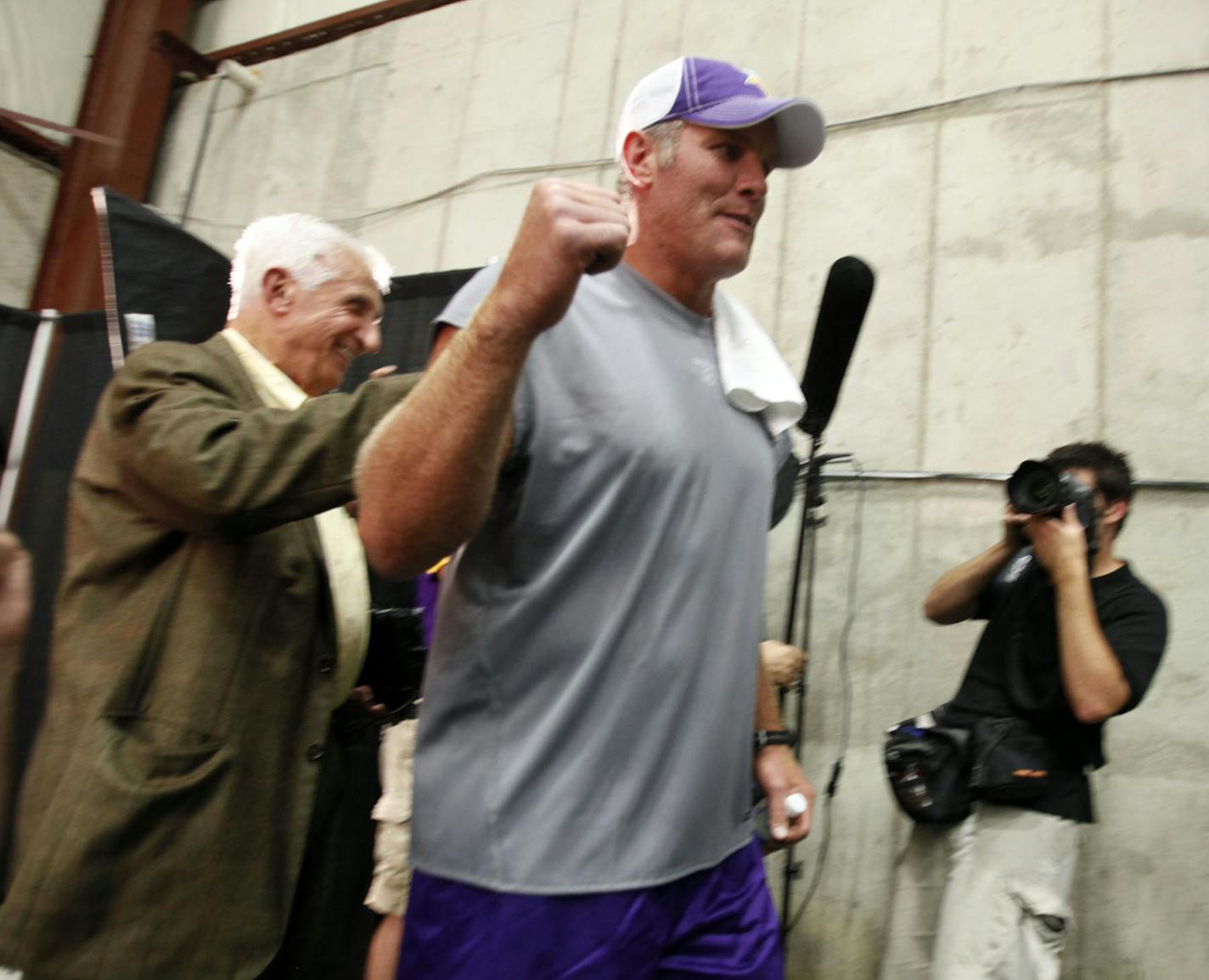 Sid Hartman interviewed all of the great athletes in Minnesota sports during his 76 years with the Star Tribune. On Aug. 18, 2010, after a news conference at the Vikings' practice facility in Eden Prairie, he received belated congratulations from Vikings quarterback Brett Favre for having turned 90. (Hartman's birthday was March 15.)