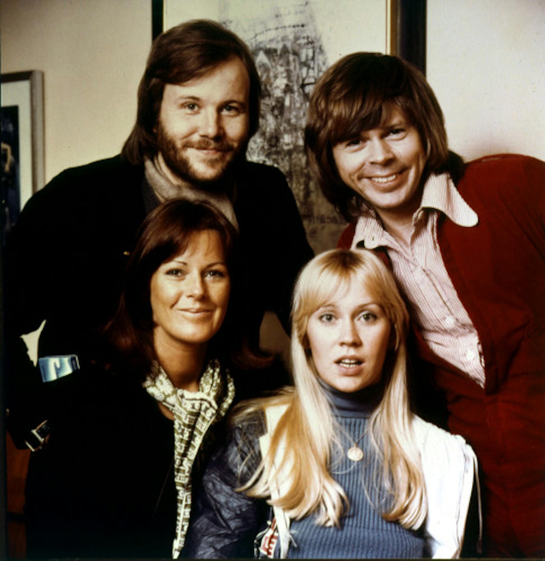 In this June 14, 1974 file photo, Swedish pop group ABBA, Bjorn Ulvaeus, back left, Benny Andersson, back right, Anni-Frid Lyngstad, front left, and Agnetha Faltskog are shown.