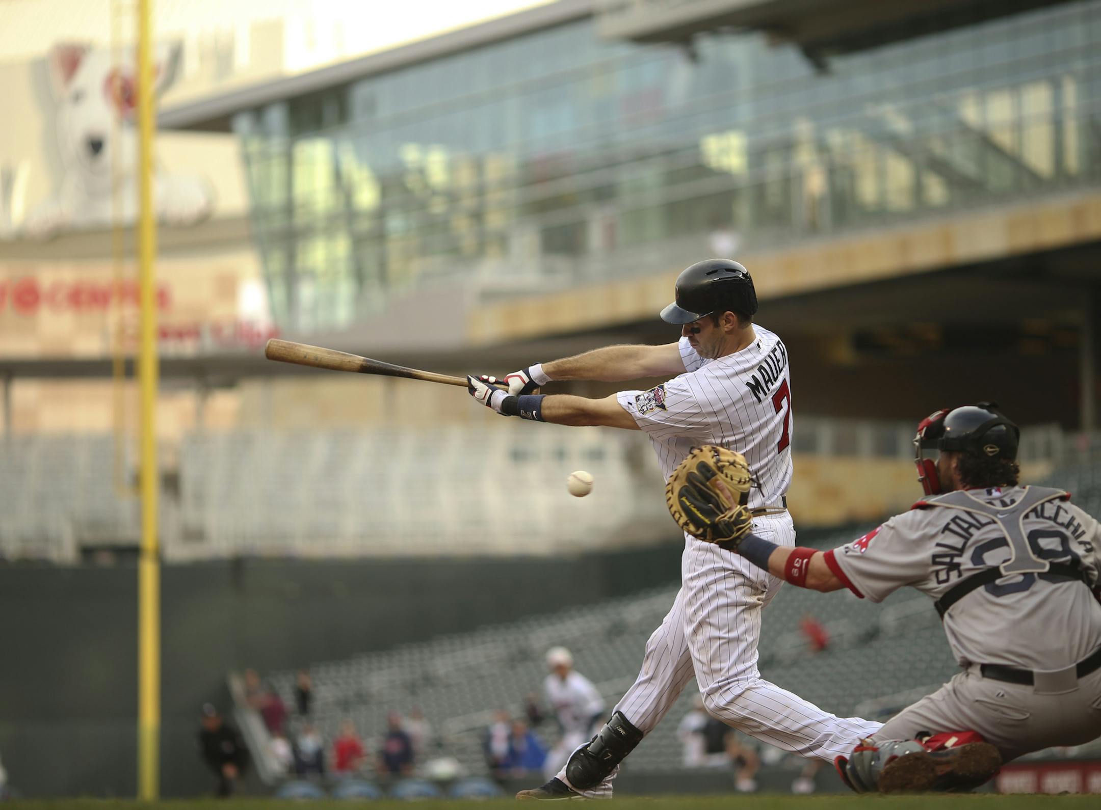 The Twins’ Joe Mauer struck out with the bases loaded to end the eighth inning in a 5-1 loss to Boston on Sunday night. He struck out three times in four at-bats, giving him 39 for the season. He’s hitting .342 but has struck out in 25 percent of his at-bats.