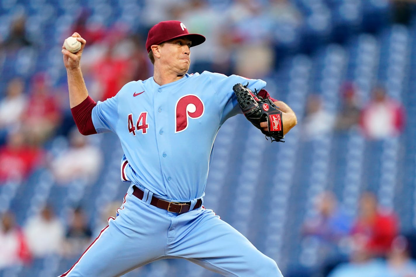 Philadelphia Phillies' Kyle Gibson pitches during the first inning of a baseball game against the Miami Marlins, Thursday, Sept. 8, 2022, in Philadelphia. (AP Photo/Matt Slocum)