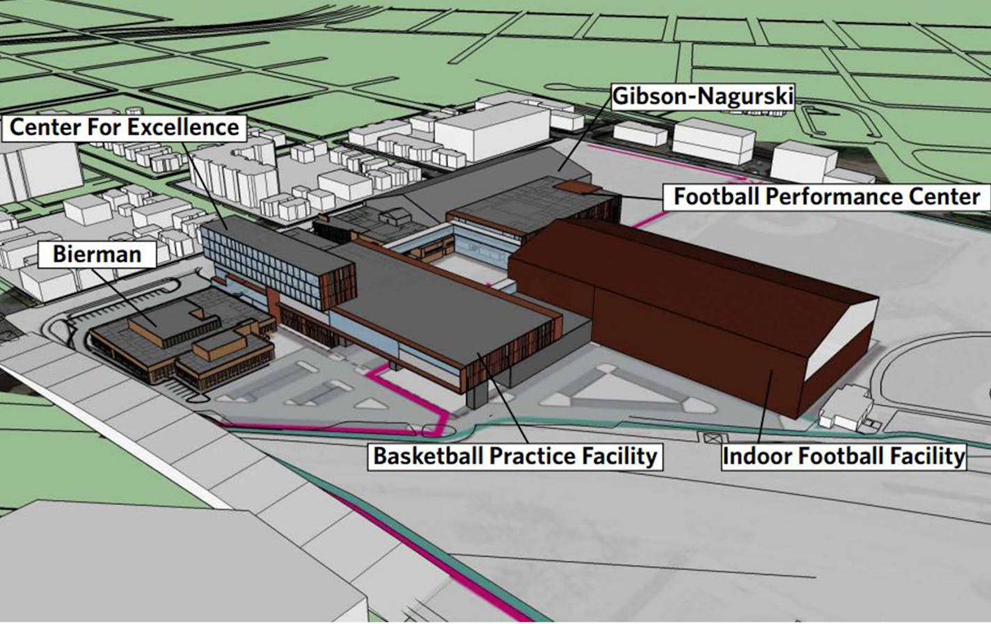 Renderings of the University of Minnesota's proposed new athletics facilities village on campus.