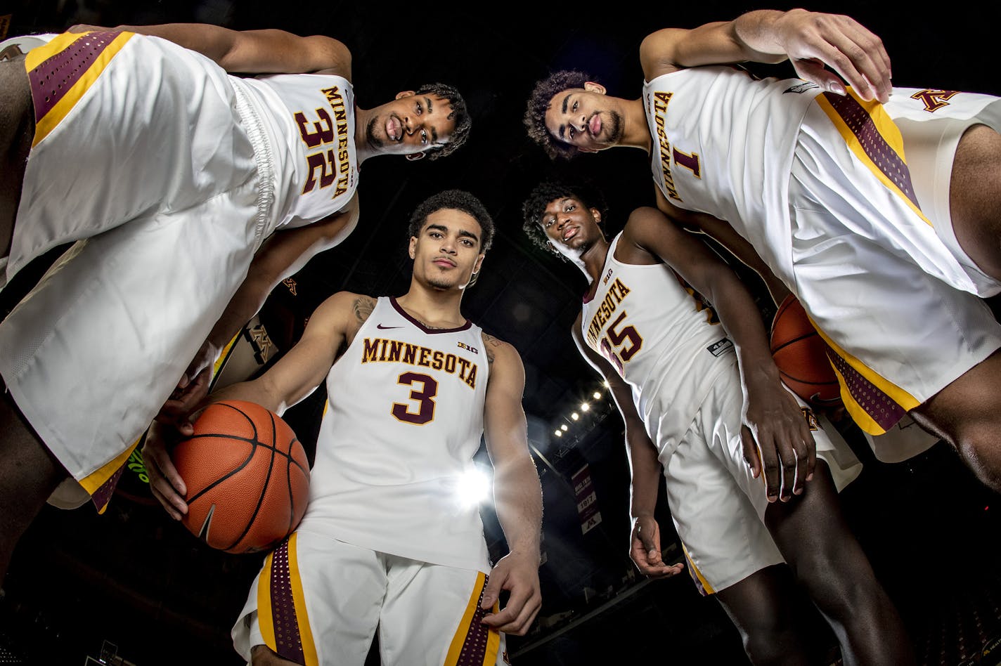 Gophers Men's Basketball freshman Sam Freeman (32), Bryan Greenlee (3), Isaiah Ihnen (35), and Tre' Williams (1). ] CARLOS GONZALEZ &#x2022; cgonzalez@startribune.com &#x2013; Minneapolis, MN &#x2013; October 18, 2019, University of Minnesota Gophers Men&#x2019;s Basketball media day at Williams Arena