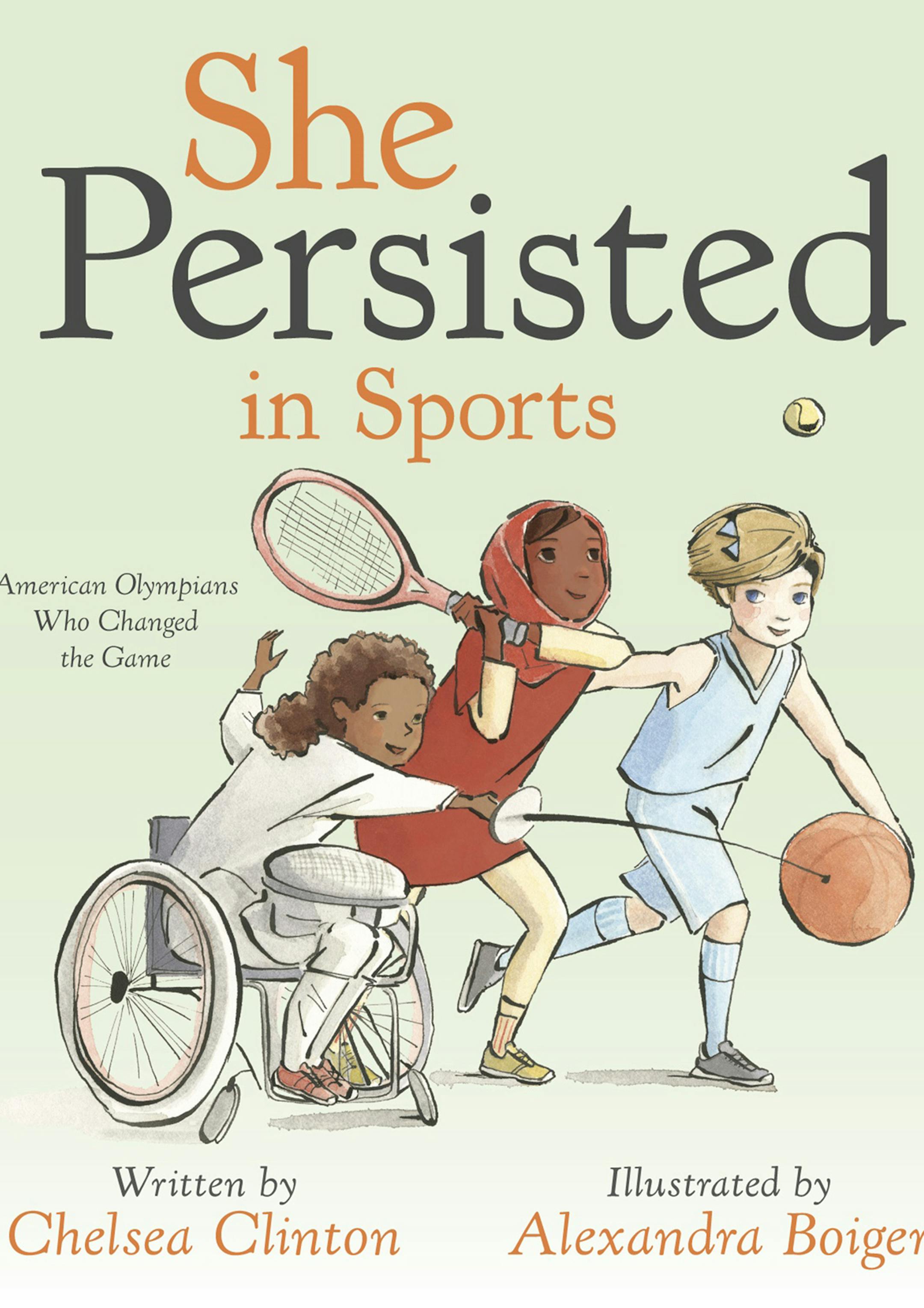 This combination photo shows a cover image released by Penguin Young Readers of "She Persisted in Sports" by Chelsea Clinton, left, and Chelsea Clinton at the Lincoln Center for the Performing Arts American Songbook Gala on May 29, 2018, in New York. (Penguin Young Readers via AP, AP Photo)