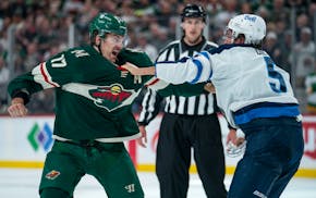 Marcus Foligno fought Jets defenseman Brenden Dillon during a Wild victory on Oct. 19 at Xcel Energy Center.