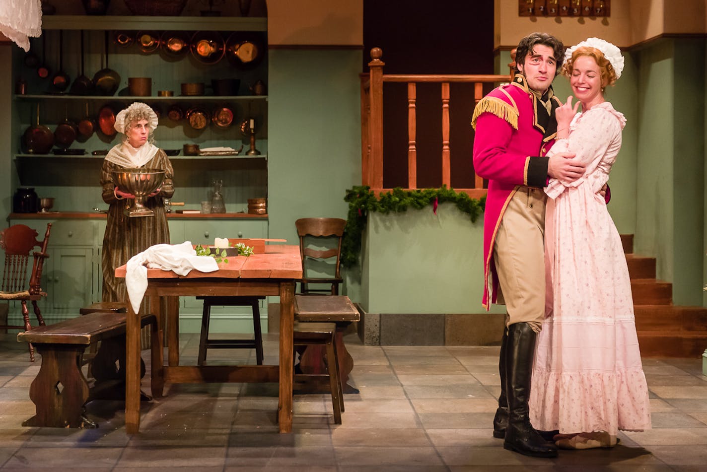 Angela Timberman, Kelsey Didion and Nate Cheeseman in "The Wickhams: Christmas at Pemberley."