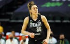 In this photo from May 15, 2021, Breanna Stewart (30) of the Seattle Storm looks on during the third quarter against the Las Vegas Aces at Angel of th