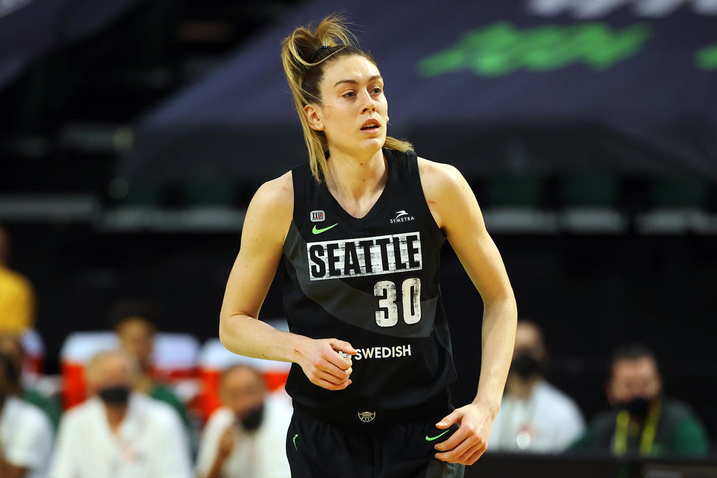 In this photo from May 15, 2021, Breanna Stewart (30) of the Seattle Storm looks on during the third quarter against the Las Vegas Aces at Angel of the Winds Arena in Everett, Washington. (Abbie Parr/Getty Images/TNS) ORG XMIT: 20014078W