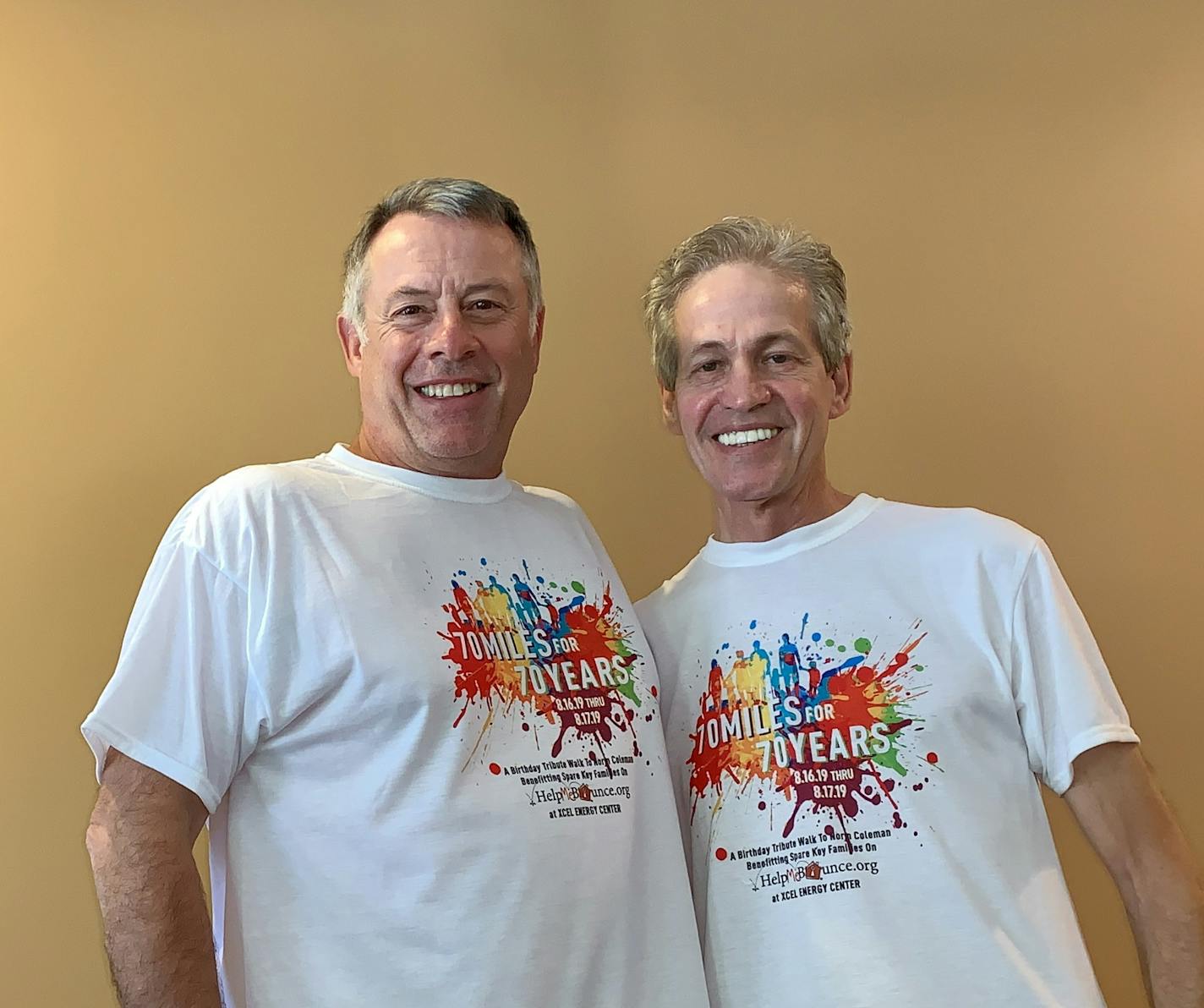 Erich Mische, left, plans to walk 70 miles in honor of Norm Coleman's 70th birthday and as a fundraiser for the nonprofit Spare Key.