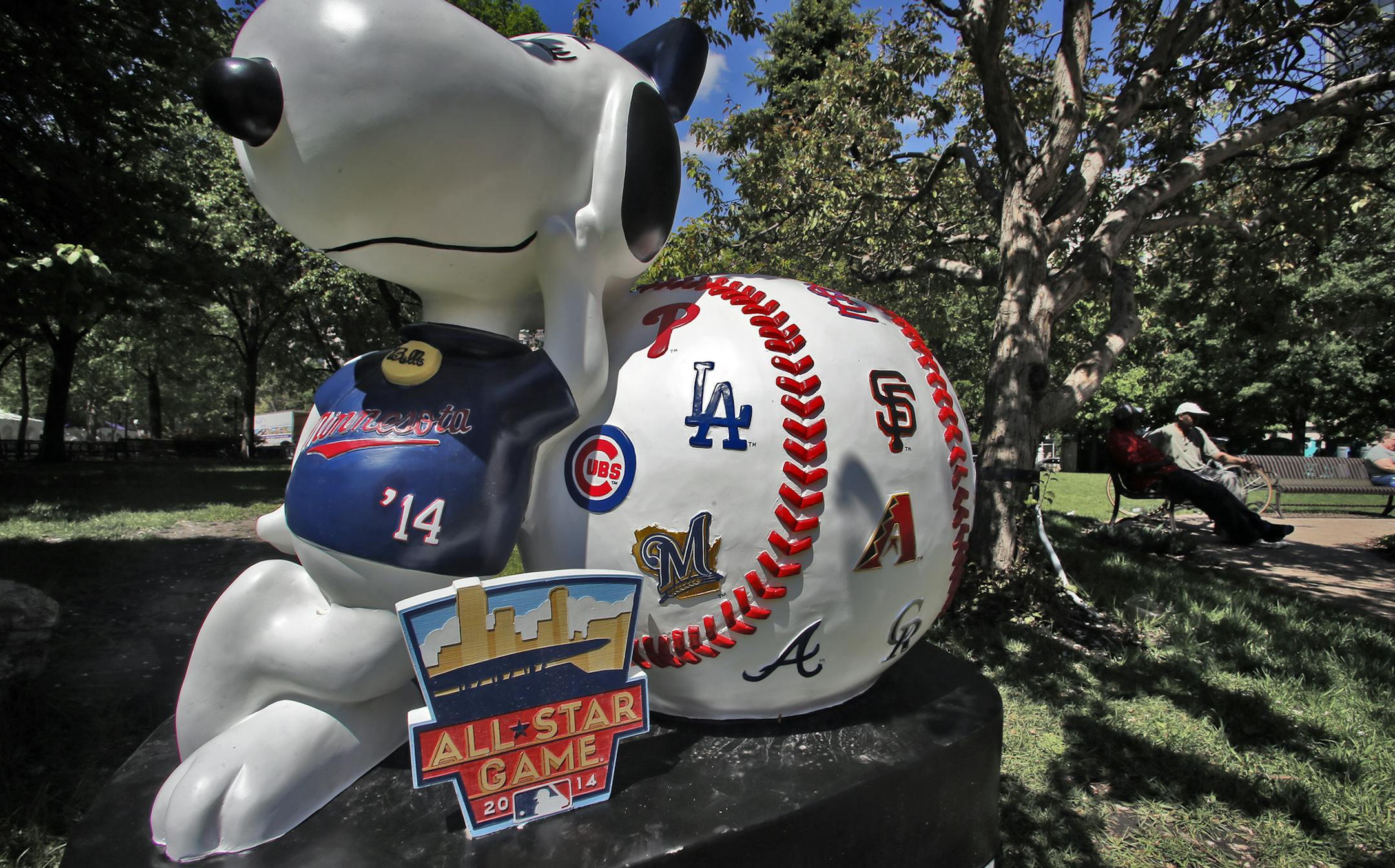 Peanuts comic strip characters on display in Rice Park in downtown St. Paul.