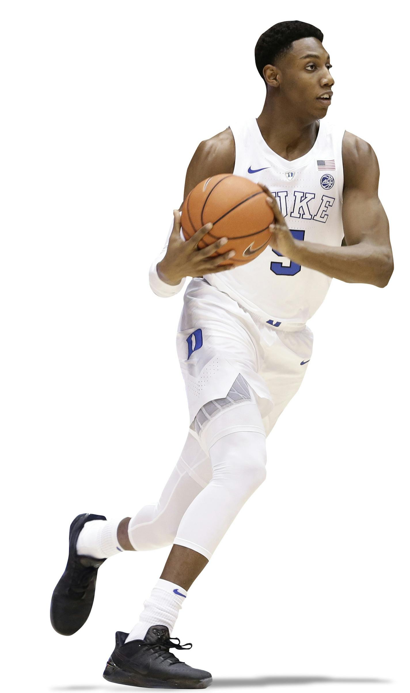 Duke's RJ Barrett, is pressured by Virginia's Kyle Guy (5) during the first half of an NCAA college basketball game in Durham, N.C., Saturday, Jan. 19, 2019. (AP Photo/Gerry Broome)