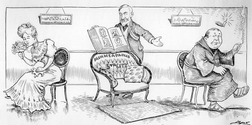 A Charles L. Bartholomew political cartoon that ran in the Minneapolis Journal in 1909 depicted A.B. Stickney trying to unite the two cities. The chair says 