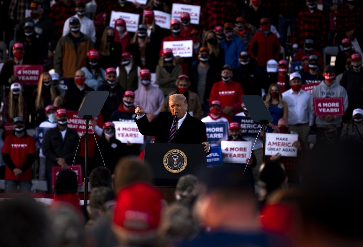 President Donald Trump speaks to supporters during a rally at the Bemidji Regional Airport on September 18, 2020 in Bemidji, Minnesota. (Stephen Maturen/Getty Images/TNS) ORG XMIT: 1787999