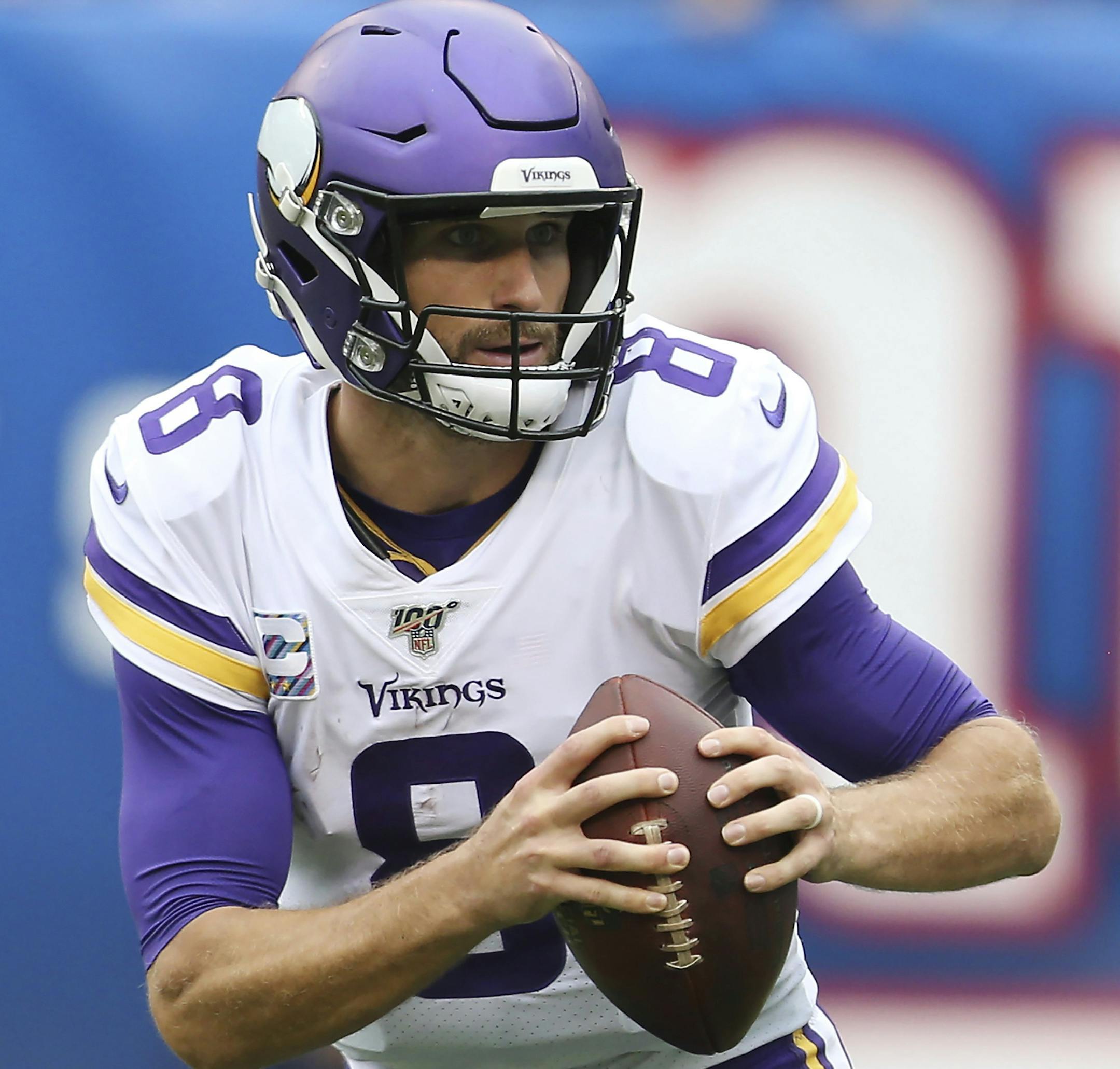 Minnesota Vikings quarterback Kirk Cousins (8) during an NFL football game against the New York Giants on Sunday, Oct 6, 2019, in East Rutherford, N.J. The Vikings won 28-10. (AP Photo/Vera Nieuwenhuis)